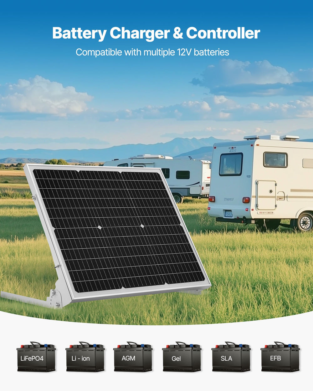 VEVOR 50W 12V Solar Battery Trickle Charger Maintainer, Mono Solar Panel Battery Charger with Upgraded MPPT Controller & Adjustable Mount Bracket, IP65 Waterproof for Car Boat RV Trailer House Roof
