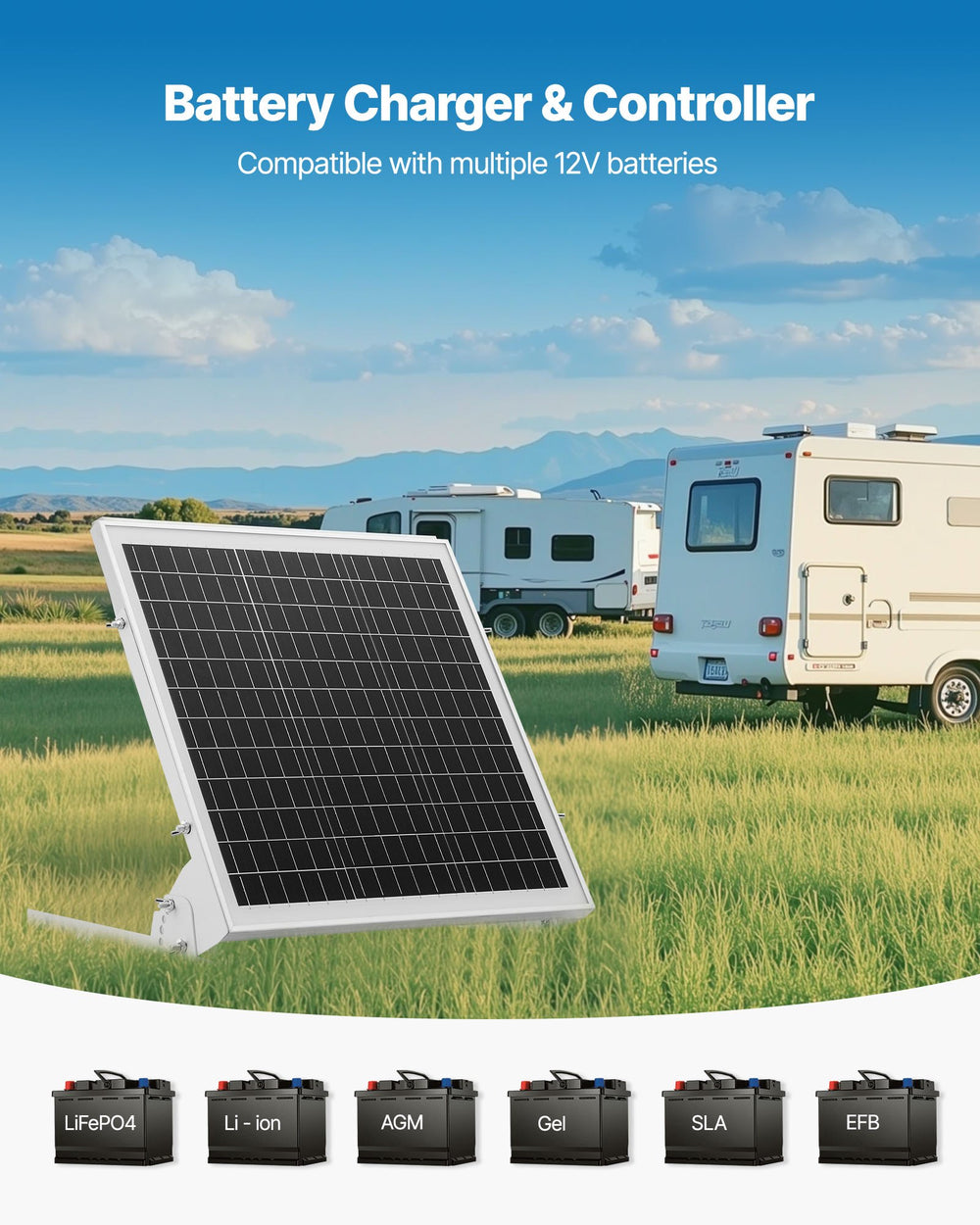 VEVOR 20W 12V Solar Battery Trickle Charger Maintainer, Mono Solar Panel Battery Charger with Built-in MPPT Controller & Adjustable Mount Bracket, IP65 Waterproof for Car Boat RV Trailer House Roof