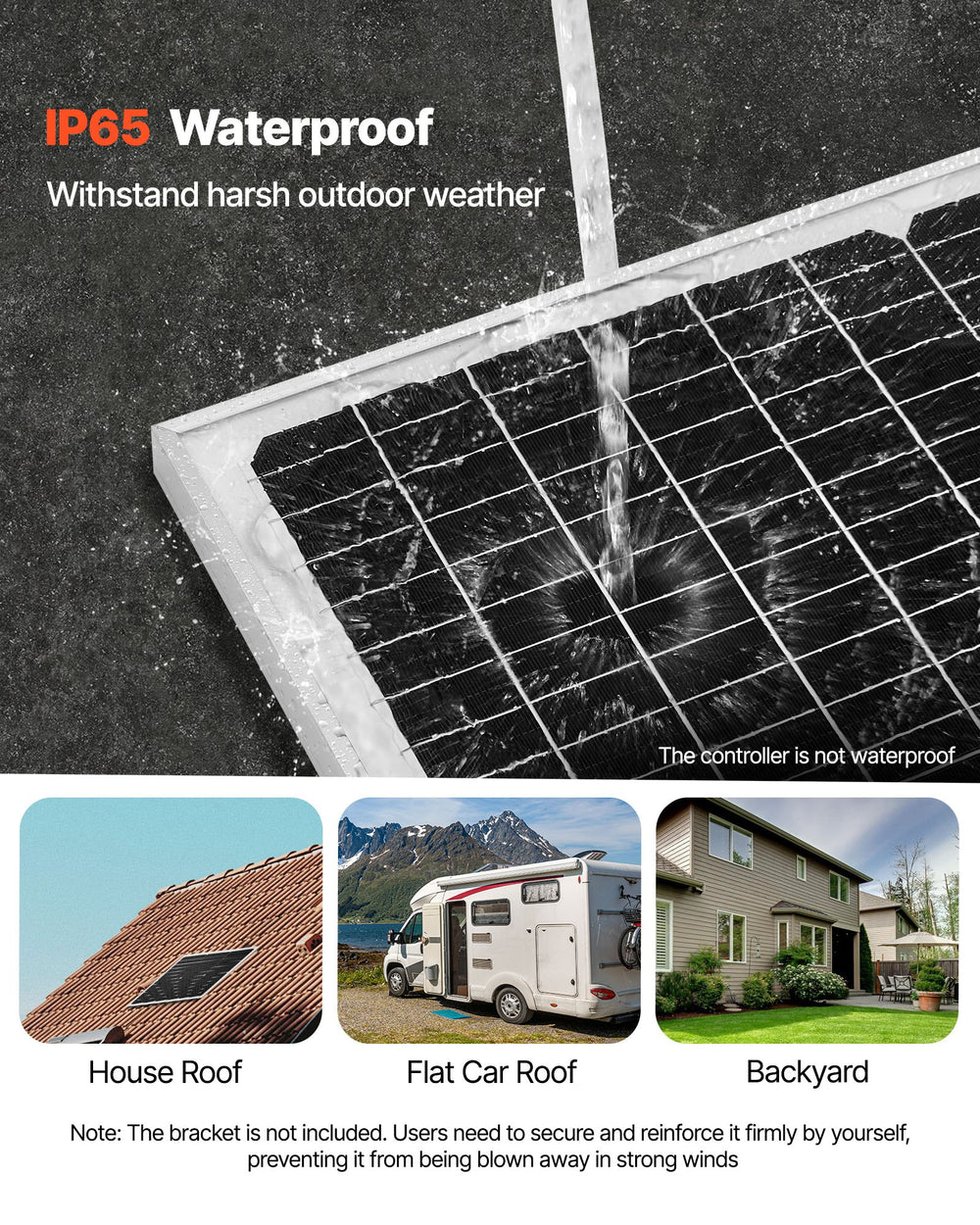 VEVOR 50W 12V Solar Battery Charger Maintainer, Mono Solar Panel Trickle Battery Charger with Upgraded MPPT Controller, IP65 Waterproof for Car Boat RV Trailer Flat Rooftop (Bracket Not Included)