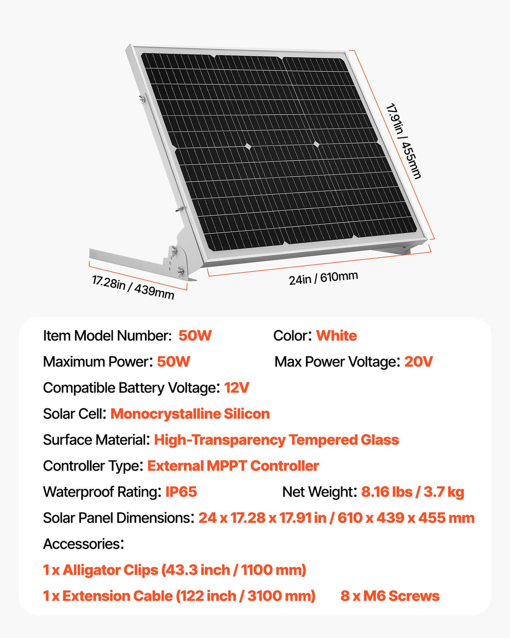 VEVOR 50W 12V Solar Battery Trickle Charger Maintainer, Mono Solar Panel Battery Charger with Upgraded MPPT Controller & Adjustable Mount Bracket, IP65 Waterproof for Car Boat RV Trailer House Roof