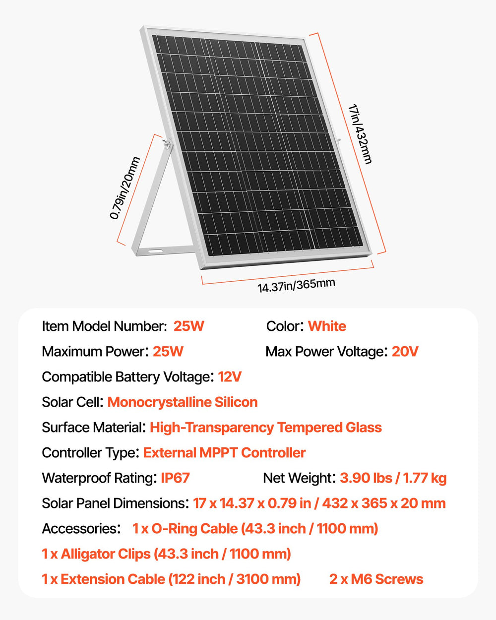 VEVOR 25W 12V Solar Panel Battery Charger, Solar Battery Trickle Charger Maintainer with Intelligent MPPT Controller & Adjustable Mount Bracket, IP67 Waterproof for Car Boat RV Motorcycle Trailer