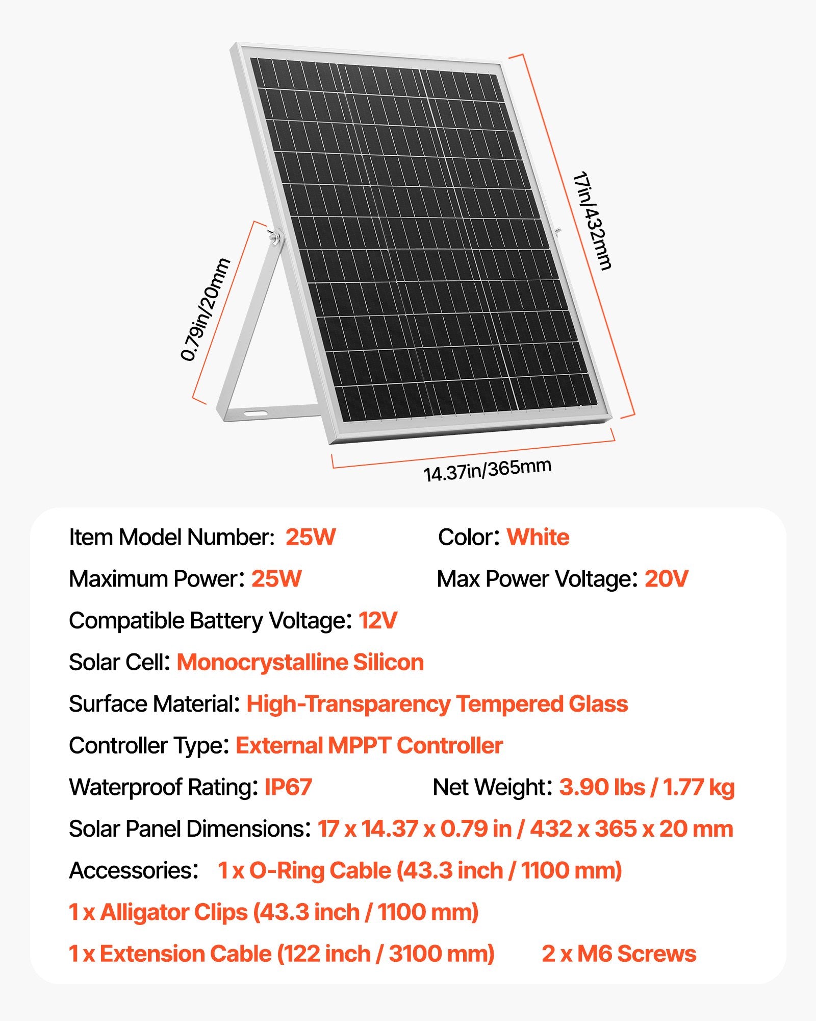 VEVOR 25W 12V Solar Panel Battery Charger, Solar Battery Trickle Charger Maintainer with Intelligent MPPT Controller & Adjustable Mount Bracket, IP67 Waterproof for Car Boat RV Motorcycle Trailer