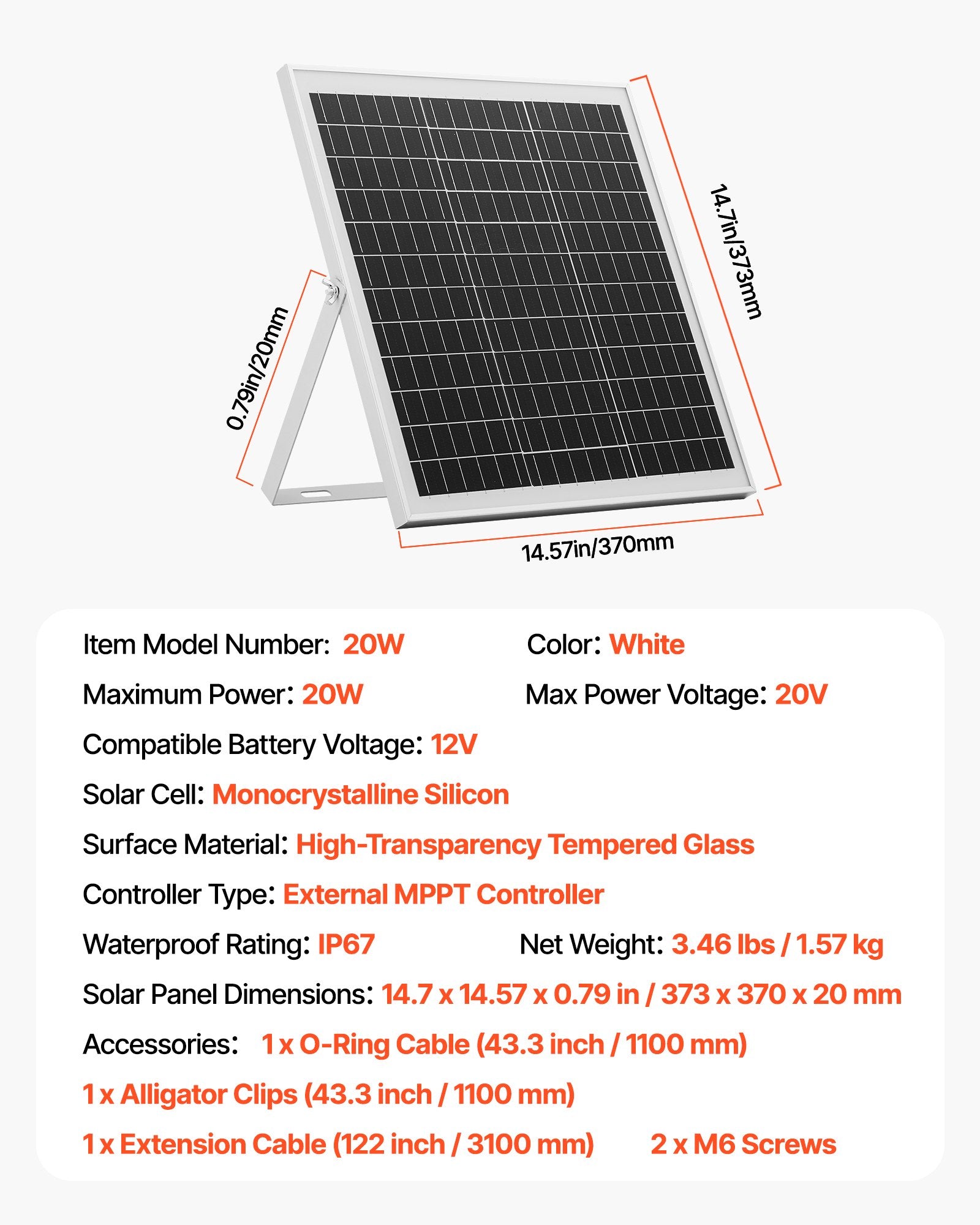 VEVOR 20W 12V Solar Panel Battery Charger, Solar Battery Trickle Charger Maintainer with Intelligent MPPT Controller & Adjustable Mount Bracket, IP67 Waterproof for Car Boat RV Motorcycle Trailer