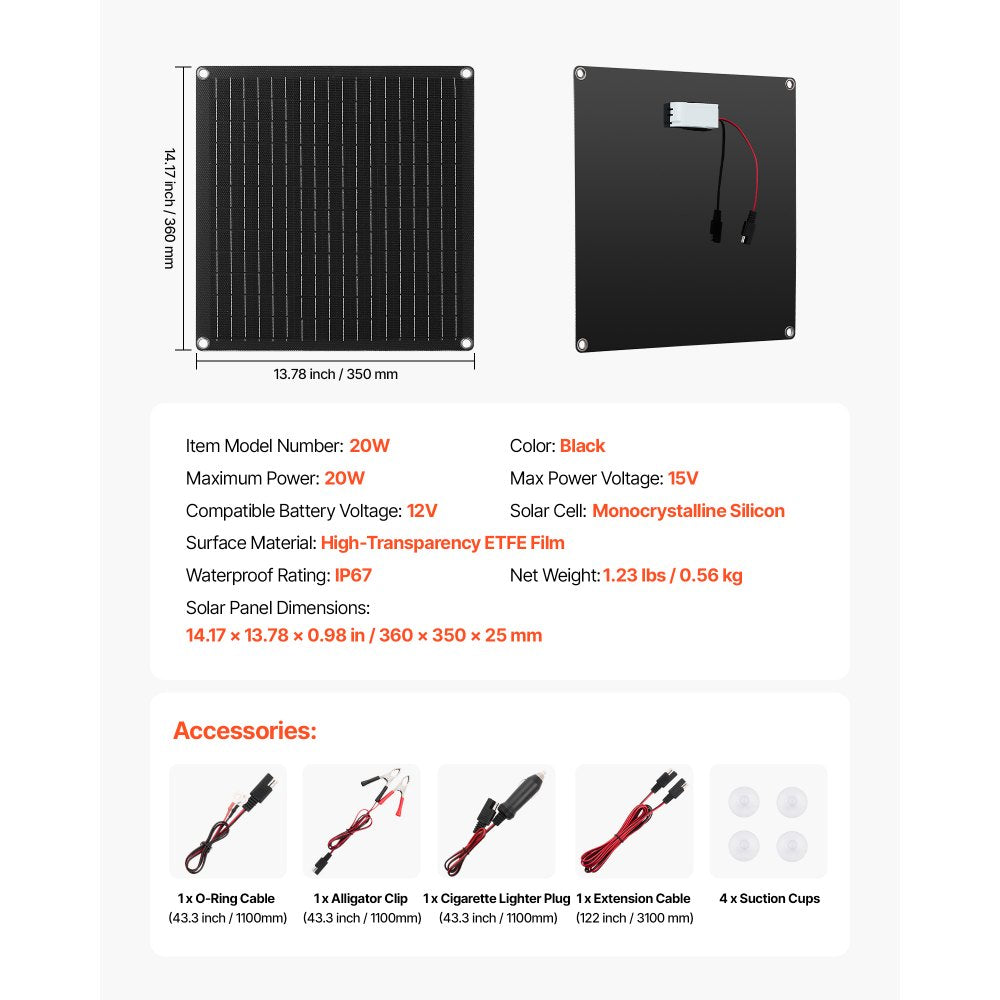 VEVOR 20W 12V Solar Panel Battery Charger, Solar Battery Trickle Charger Maintainer with Built-in Smart Controller & 3 Connection Cables, IP67 Waterproof Portable for RV Car Motorcycle Boat Van Camper