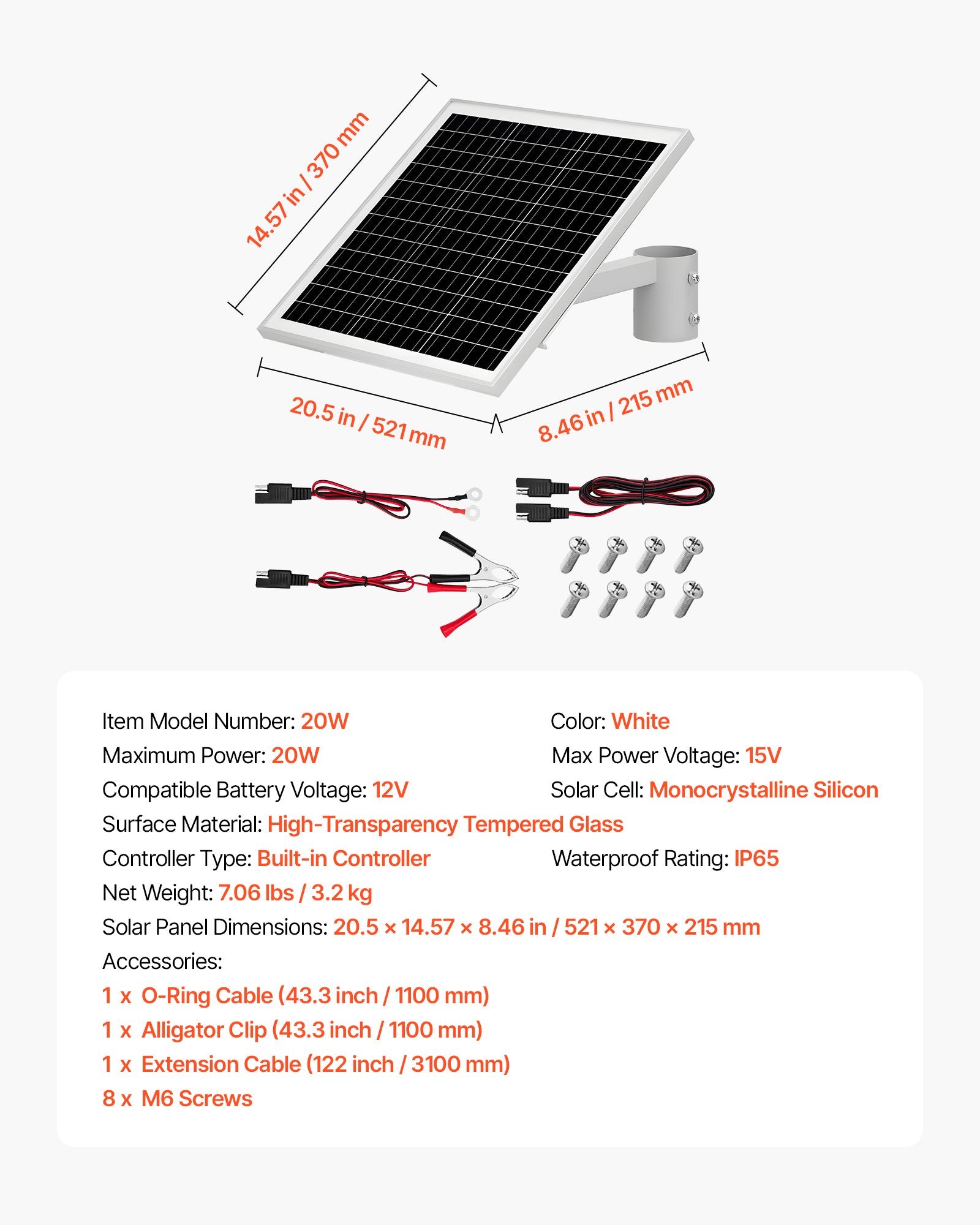 VEVOR 20W 12V Solar Panel Battery Charger, Solar Battery Trickle Charger Maintainer with Built-in Controller & Pole Mount Bracket, IP65 Waterproof for Gate, Fence, Farm, Lawn (Fit 40mm-68mm Poles)