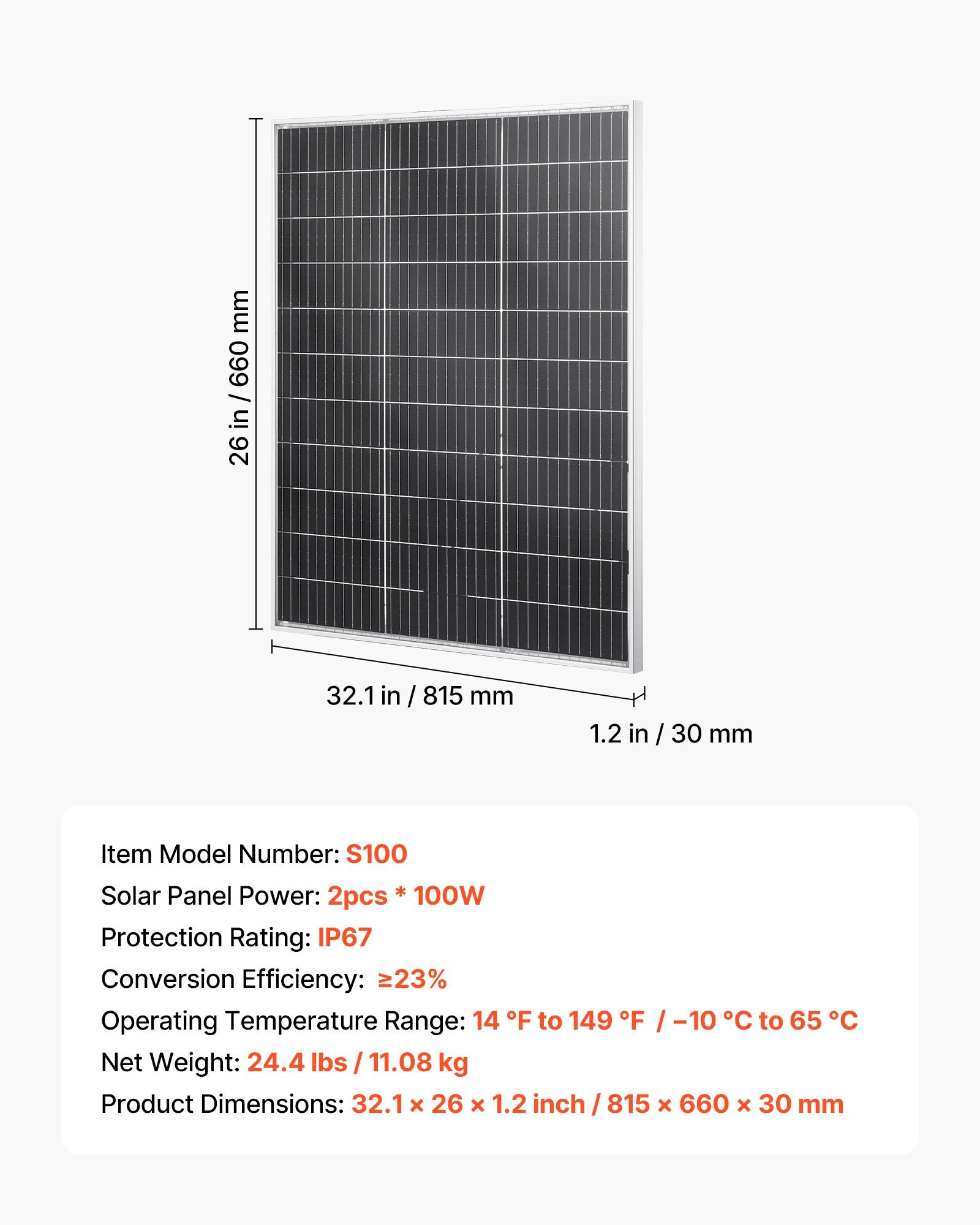 VEVOR 2PCS 100W Bifacial Solar Panels, 23% High-Efficiency N-Type Monocrystalline PV Module with MC4 Output & Aluminum Frame, IP67 Waterproof Solar Panel for Car Boat RV Flat Rooftop Off-Grid