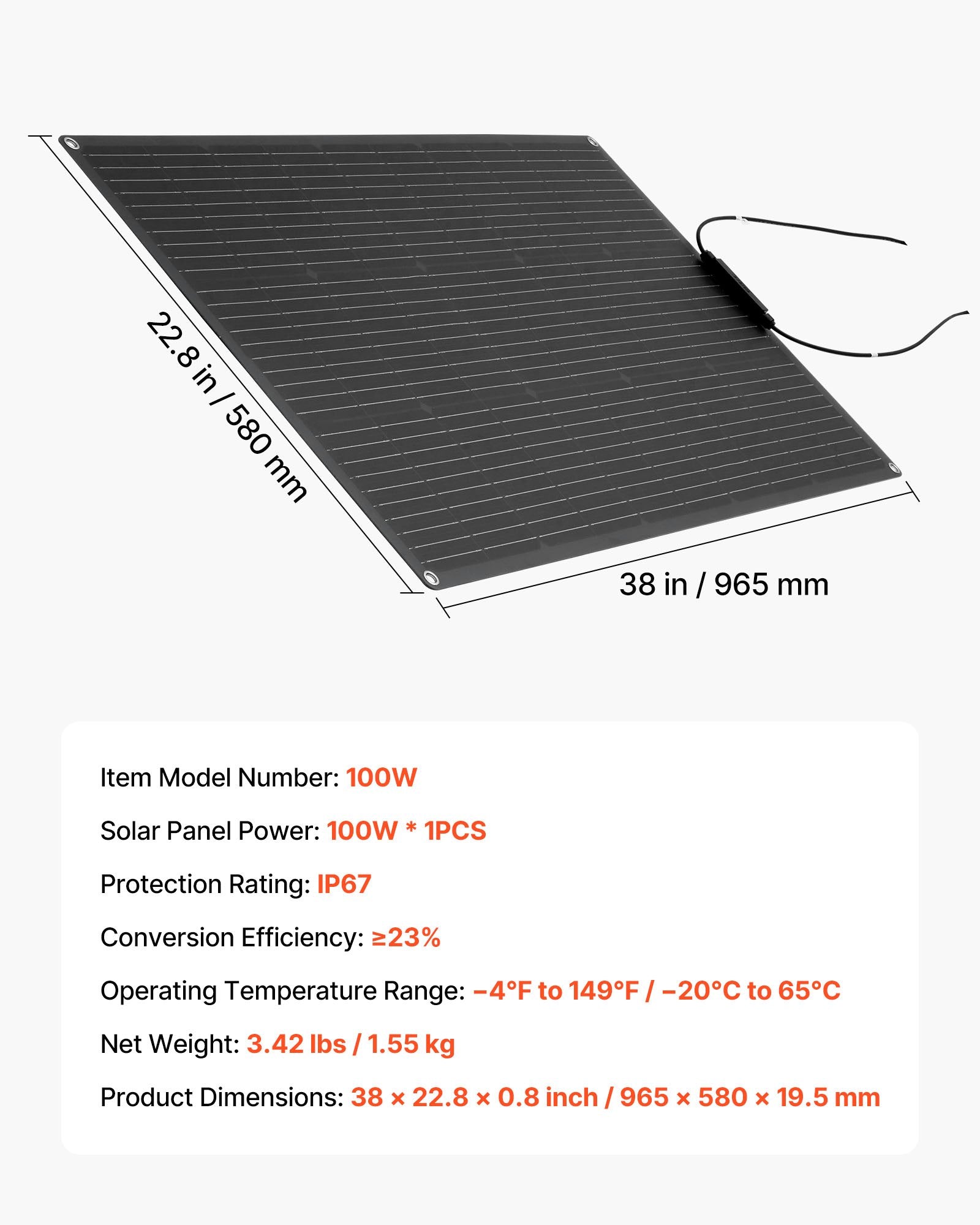 VEVOR Flexible Solar Panel, 100W Semi-Flexible Bendable Monocrystalline Solar Panel, 23% Efficiency Mono Off-Grid Charger with MC4 Output, IP67 Waterproof for Marine RV Car Cabin Curved Surfaces
