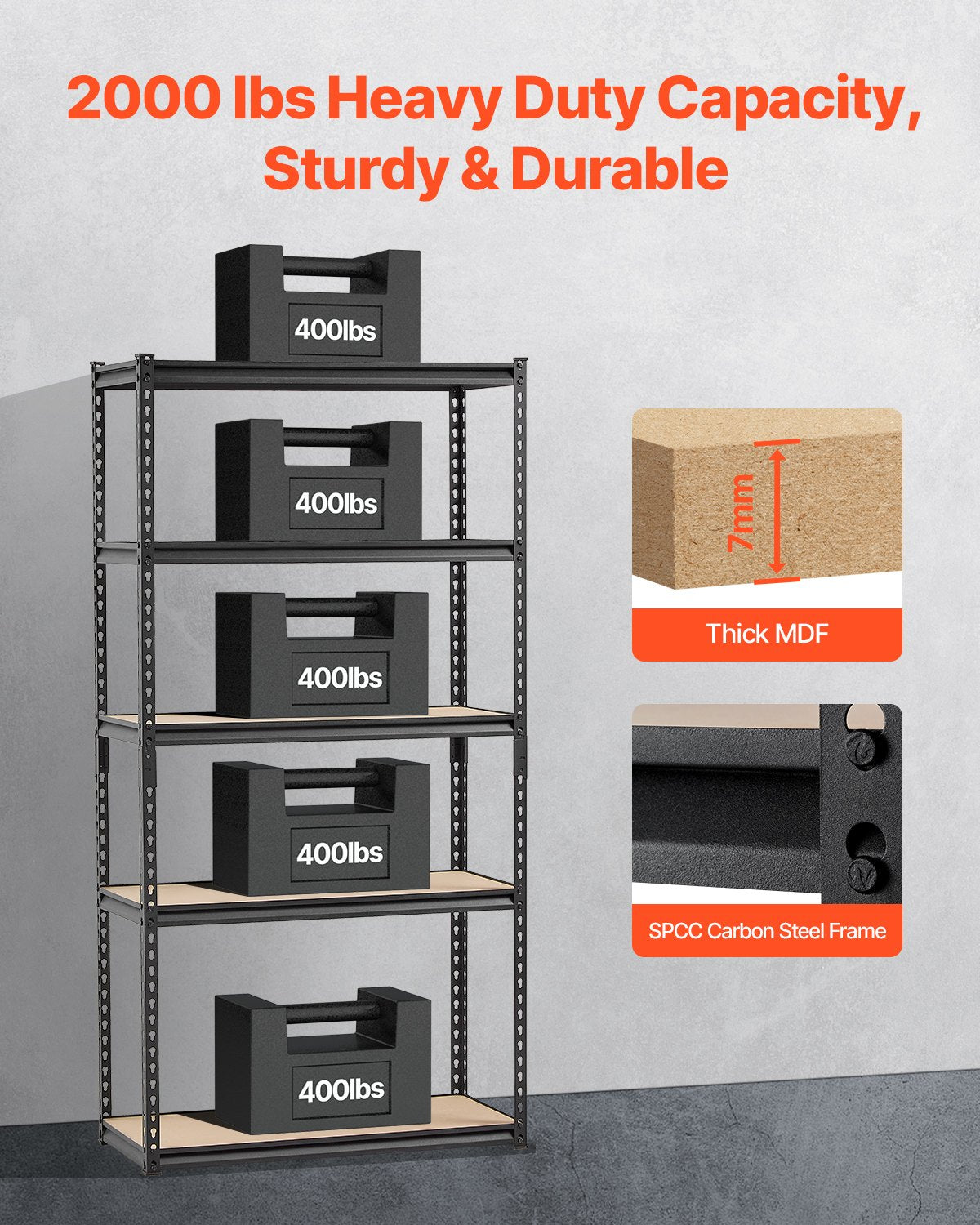VEVOR Storage Shelves, 2000 lbs, 5 Tier Garage Storage Shelving, 16" D x 36" W x 71.4" H Adjustable Metal Shelves for Garage Shelves Utility Rack Shelf, Ideal for Kitchen, Warehouse, Basement, Black