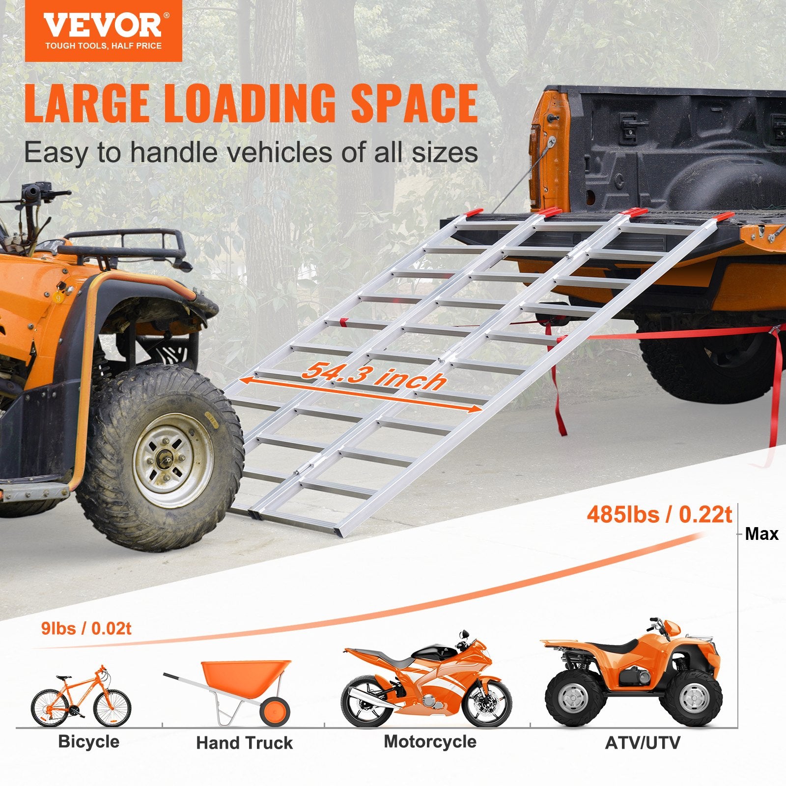 VEVOR Aluminum Ramps, 1500 lbs, Tri-Fold Ramp with Load Straps, Folding Loading Ramp for Motorcycle, Tractor, ATV/UTV, Trucks, Lawn Mower, Snow Blower, 77"L x 54"W, 1 Pc