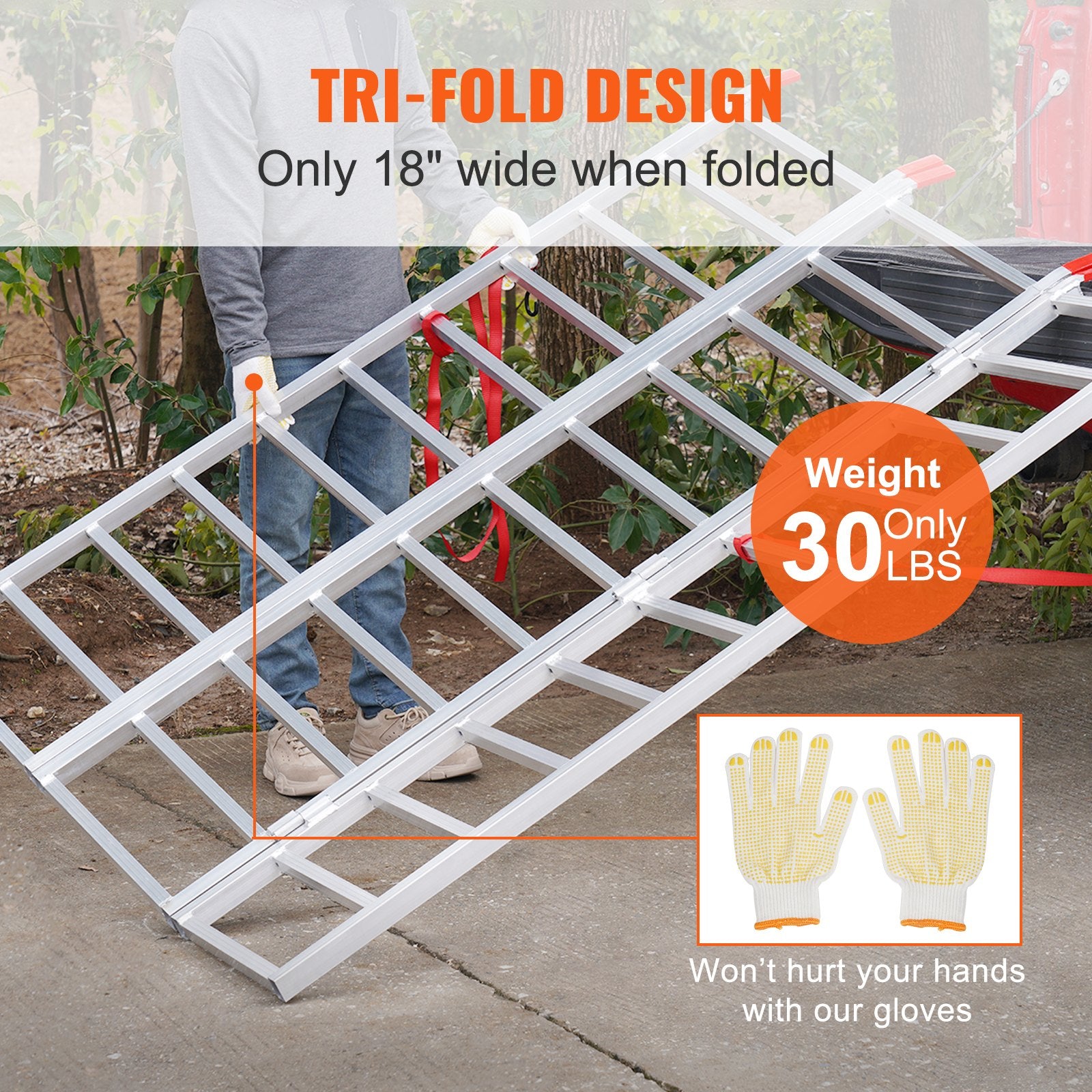 VEVOR Aluminum Ramps, 1500 lbs, Tri-Fold Ramp with Load Straps, Folding Loading Ramp for Motorcycle, Tractor, ATV/UTV, Trucks, Lawn Mower, Snow Blower, 77"L x 54"W, 1 Pc