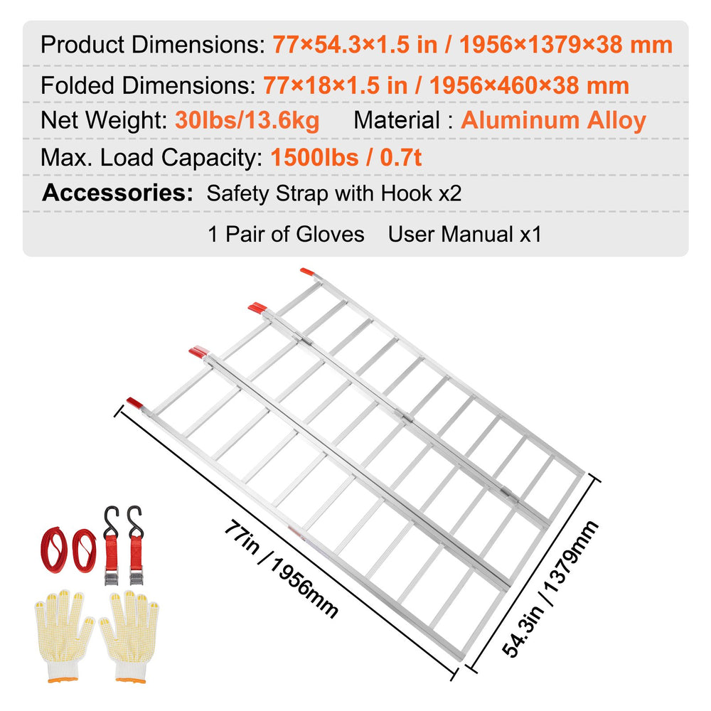 VEVOR Aluminum Ramps, 1500 lbs, Tri-Fold Ramp with Load Straps, Folding Loading Ramp for Motorcycle, Tractor, ATV/UTV, Trucks, Lawn Mower, Snow Blower, 77"L x 54"W, 1 Pc