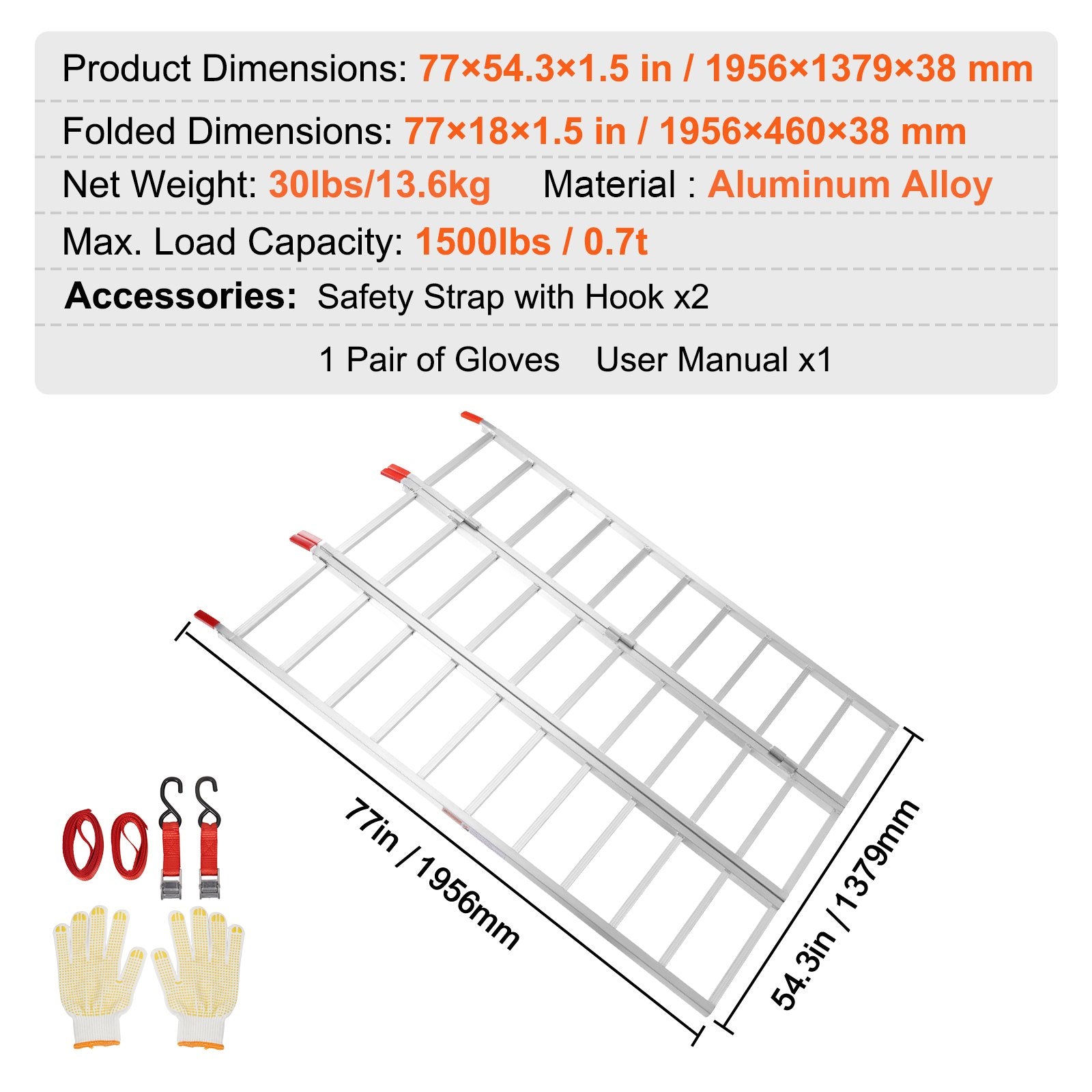 VEVOR Aluminum Ramps, 1500 lbs, Tri-Fold Ramp with Load Straps, Folding Loading Ramp for Motorcycle, Tractor, ATV/UTV, Trucks, Lawn Mower, Snow Blower, 77"L x 54"W, 1 Pc