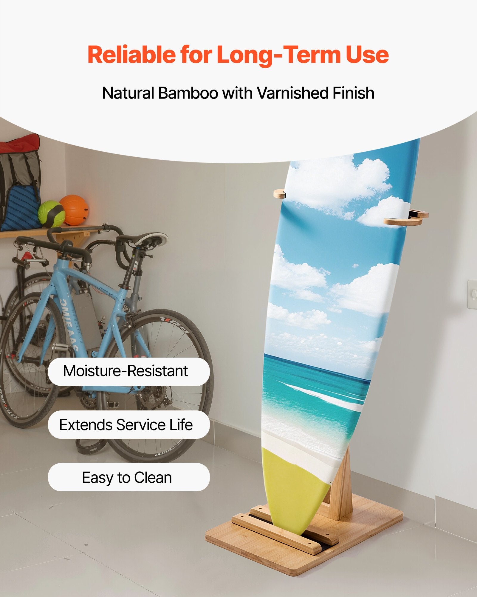 VEVOR Vertical Surfboard Stand, Wooden Surfboard Rack for Storage and Display, Adjustable & Freestanding Board Stand Organizer with Padding, for Wakeboards, Snowboards, Kiteboards, Shortboard, Skis