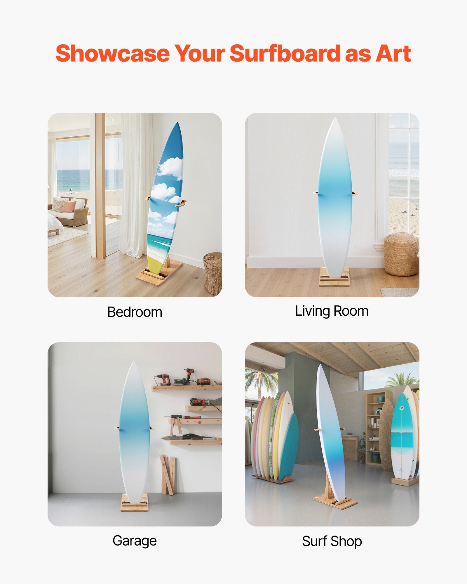 VEVOR Vertical Surfboard Stand, Wooden Surfboard Rack for Storage and Display, Adjustable & Freestanding Board Stand Organizer with Padding, for Wakeboards, Snowboards, Kiteboards, Shortboard, Skis