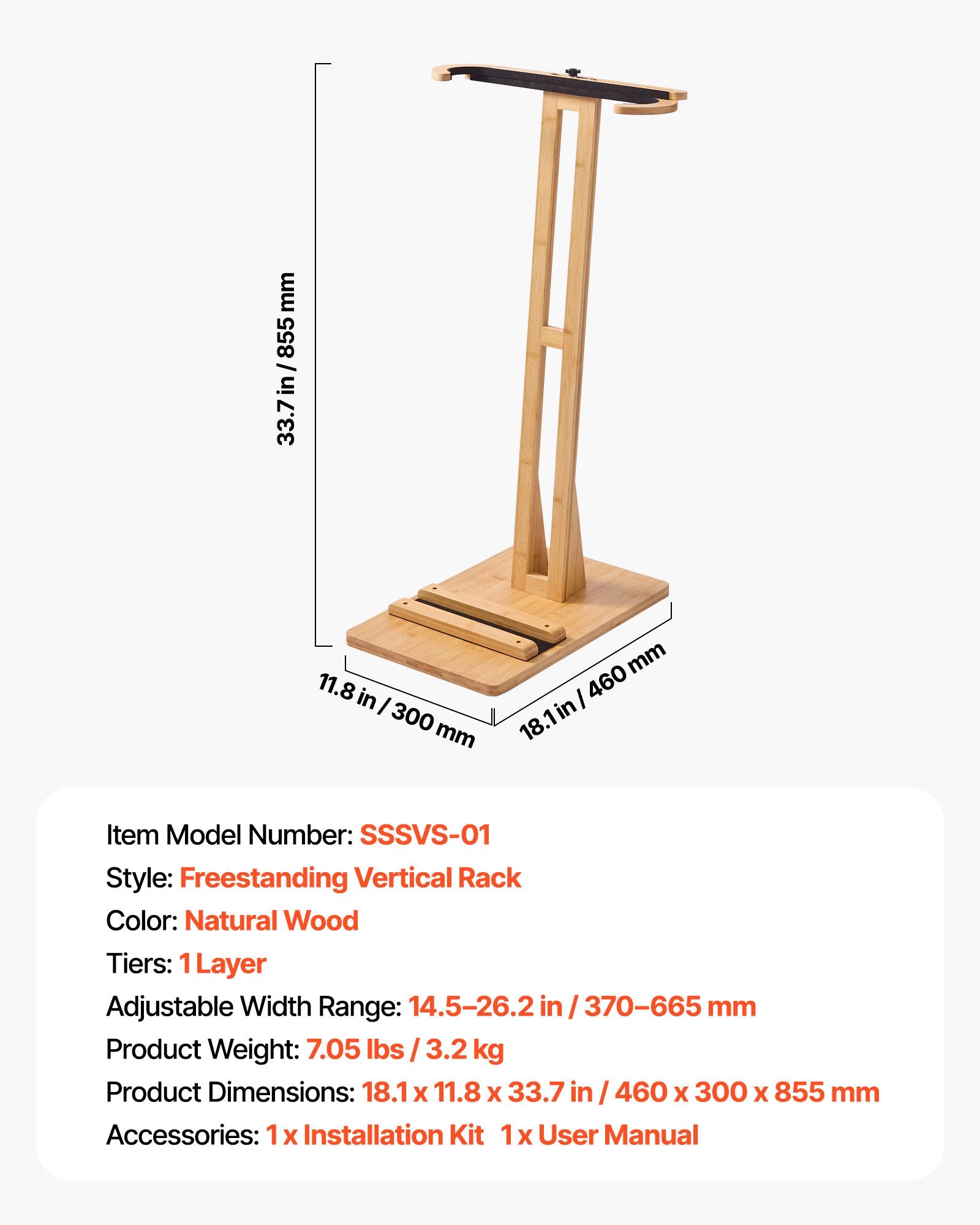 VEVOR Vertical Surfboard Stand, Wooden Surfboard Rack for Storage and Display, Adjustable & Freestanding Board Stand Organizer with Padding, for Wakeboards, Snowboards, Kiteboards, Shortboard, Skis