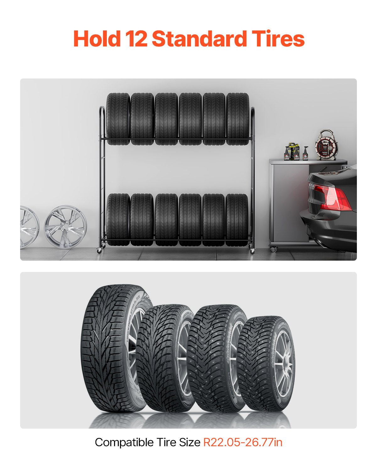 VEVOR Rolling Tire Storage Rack, 2-Shelf Tire Holder and Transport Trailer for Garage, Heavy-Duty Steel Tire Storage Cart with Wheel, Adjustable Height & Protective Cover, Hold up to 12 Standard Tires