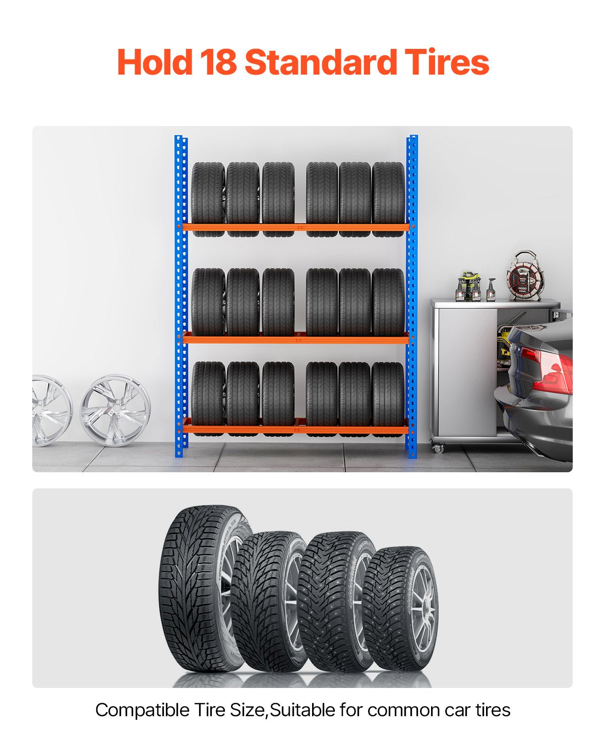 VEVOR Tire Storage Rack, 3-Shelf Tire Holder Holds up to 18 Standard Tires, SPCC-SD Heavy Duty Metal Tire Carrier Stand with Adjustable Spacing for Garage Workshop, 660LBS Loading Capacity