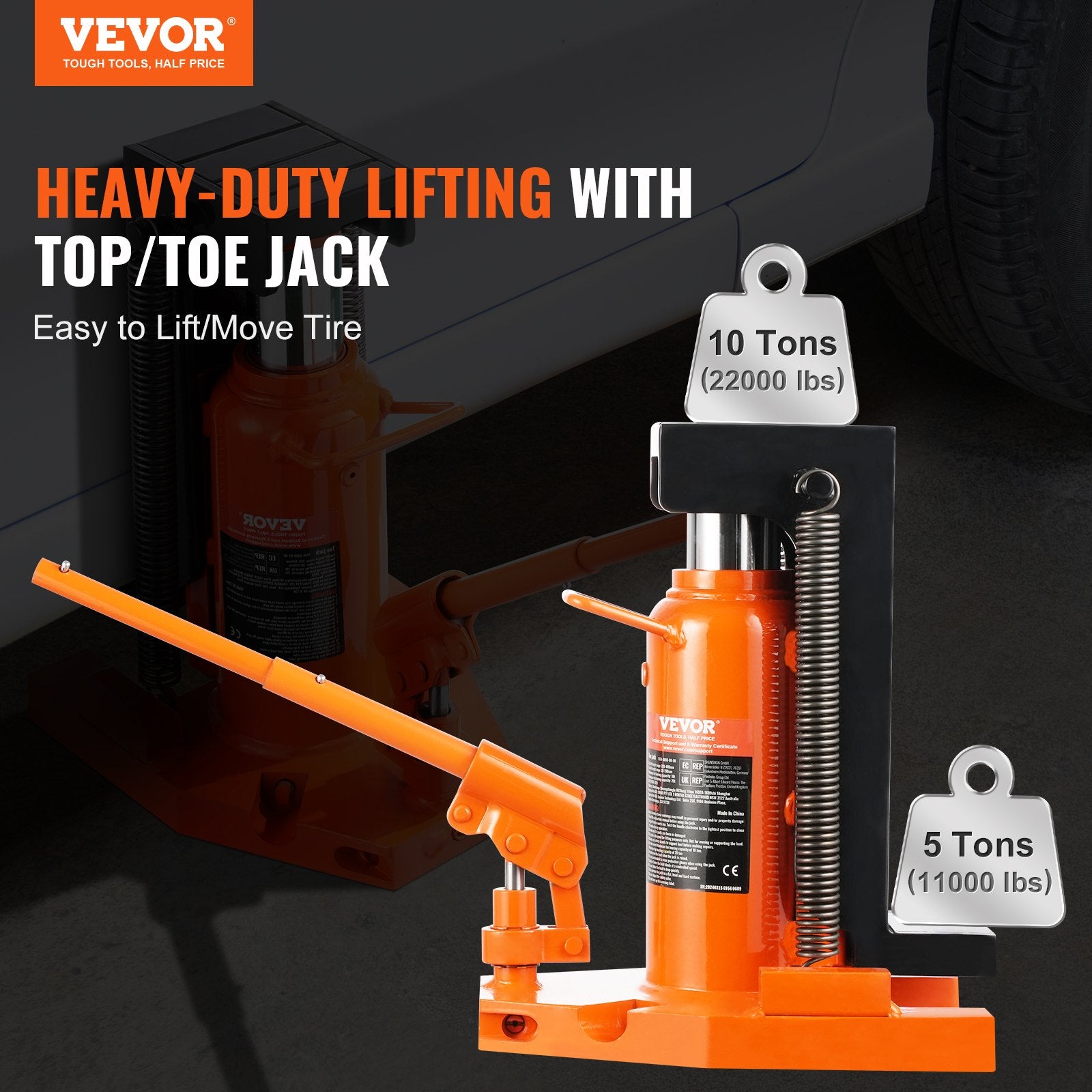 VEVOR Hydraulic Toe Jack, 5 Ton/4536 kg On Toe Toe Jack Lift, 10 Ton/9072 kg On Top Lift Capacity Machine Jack, 0.8-6.8 in/2-17.3 cm Toe Height, 11.3-17.3 in/28.7-43.9 cm Top Height, Air Hydraulic Claw Jack for Machinery, Industry