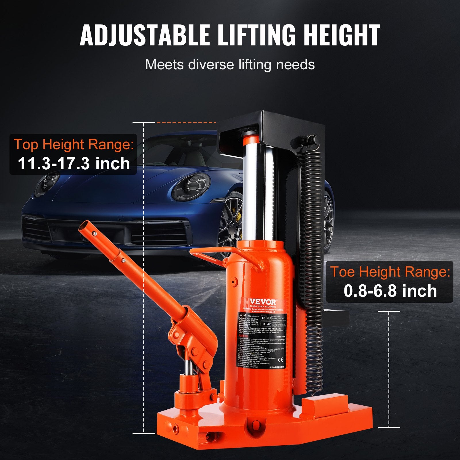 VEVOR Hydraulic Toe Jack, 5 Ton/4536 kg On Toe Toe Jack Lift, 10 Ton/9072 kg On Top Lift Capacity Machine Jack, 0.8-6.8 in/2-17.3 cm Toe Height, 11.3-17.3 in/28.7-43.9 cm Top Height, Air Hydraulic Claw Jack for Machinery, Industry