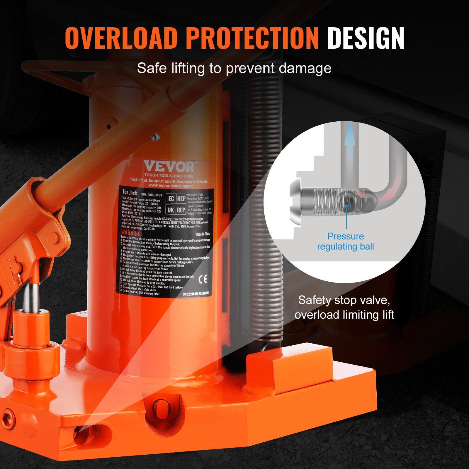 VEVOR Hydraulic Toe Jack, 5 Ton/4536 kg On Toe Toe Jack Lift, 10 Ton/9072 kg On Top Lift Capacity Machine Jack, 0.8-6.8 in/2-17.3 cm Toe Height, 11.3-17.3 in/28.7-43.9 cm Top Height, Air Hydraulic Claw Jack for Machinery, Industry