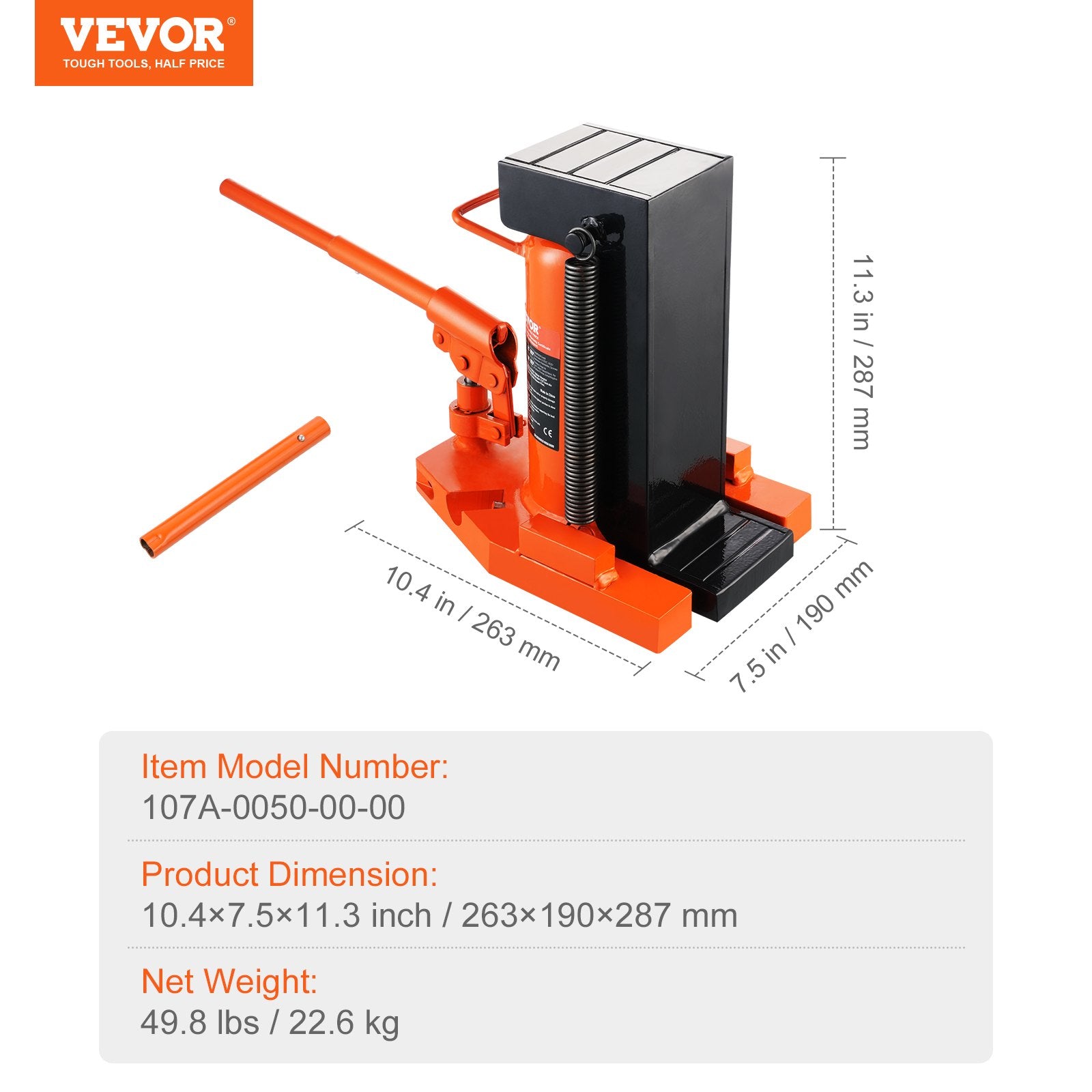 VEVOR Hydraulic Toe Jack, 5 Ton/4536 kg On Toe Toe Jack Lift, 10 Ton/9072 kg On Top Lift Capacity Machine Jack, 0.8-6.8 in/2-17.3 cm Toe Height, 11.3-17.3 in/28.7-43.9 cm Top Height, Air Hydraulic Claw Jack for Machinery, Industry