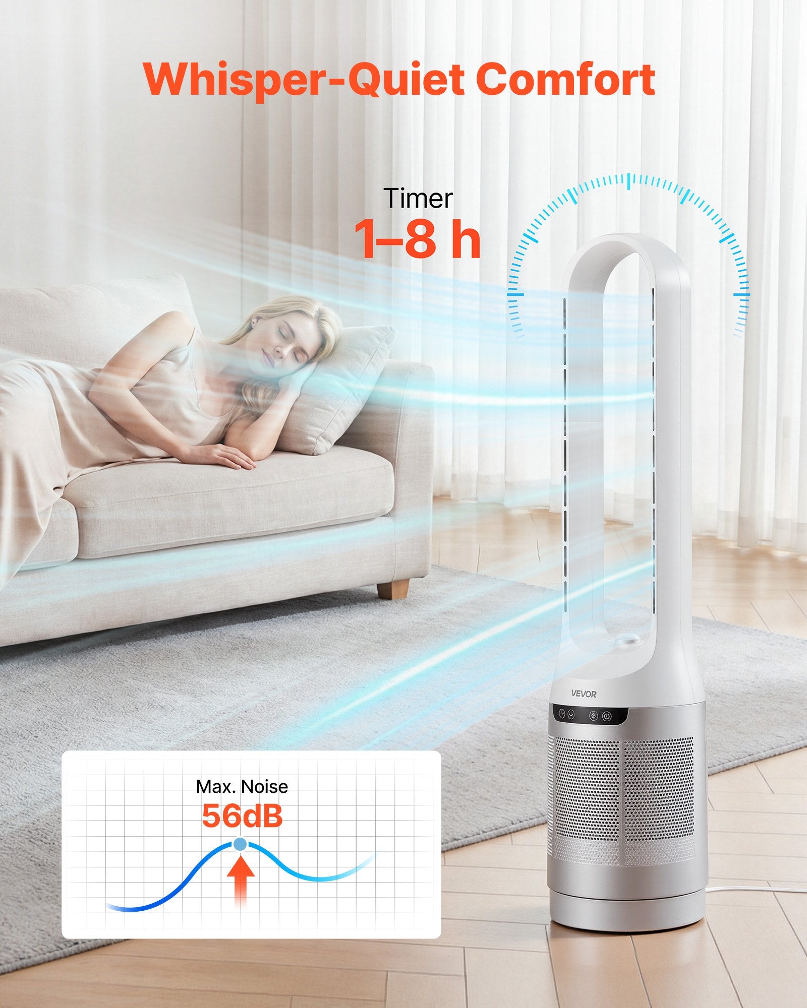 VEVOR Bladeless Tower Fan, 65° Oscillating Standing Fan, 12 Speeds & 4 Modes & 8-Hour Timer, 4.5 m/s High Velocity Floor Air Circulator, Powerful Airflow for Bedroom, Living Room, Home, Office, White