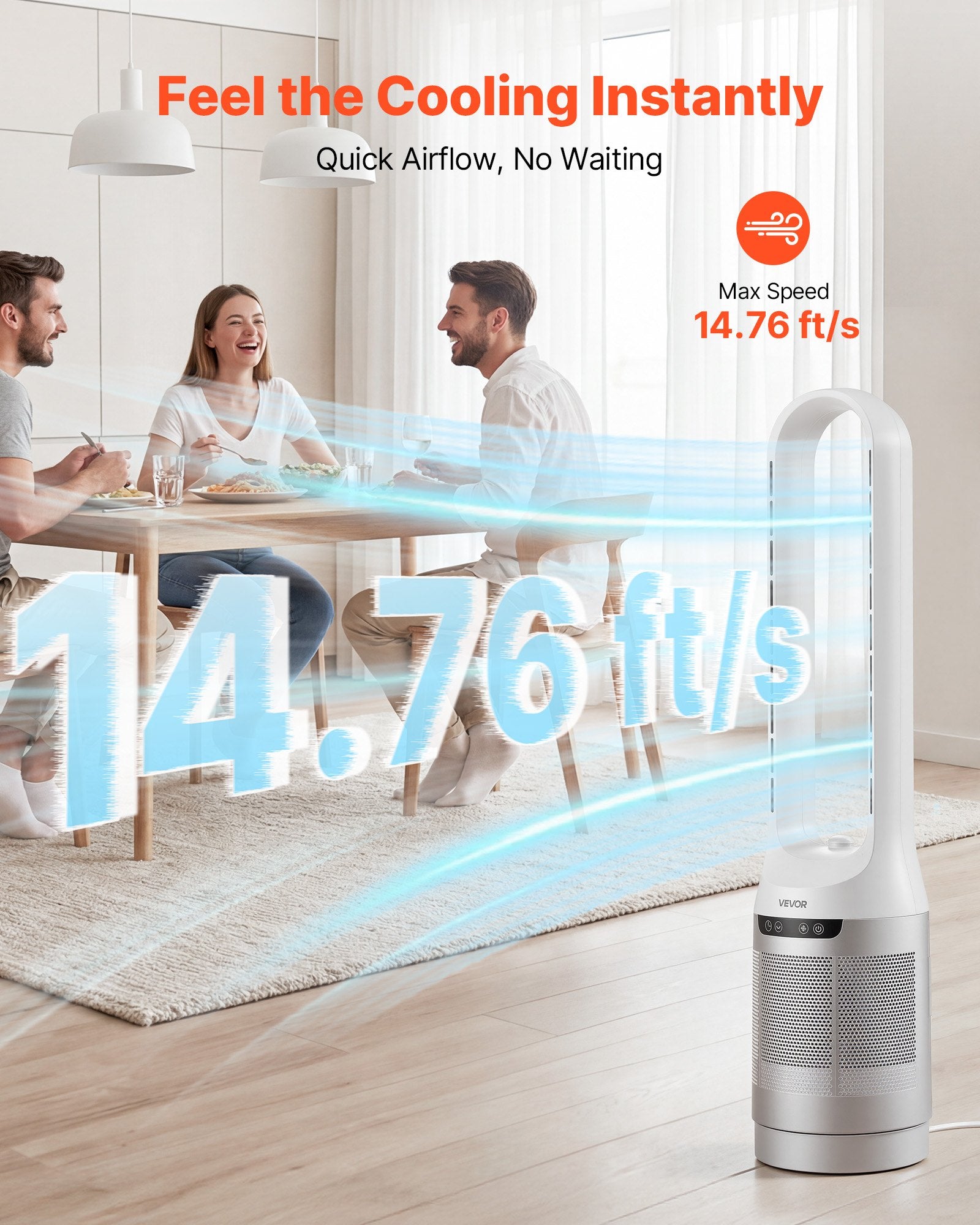 VEVOR Bladeless Tower Fan, 65° Oscillating Standing Fan, 12 Speeds & 4 Modes & 8-Hour Timer, 4.5 m/s High Velocity Floor Air Circulator, Powerful Airflow for Bedroom, Living Room, Home, Office, White