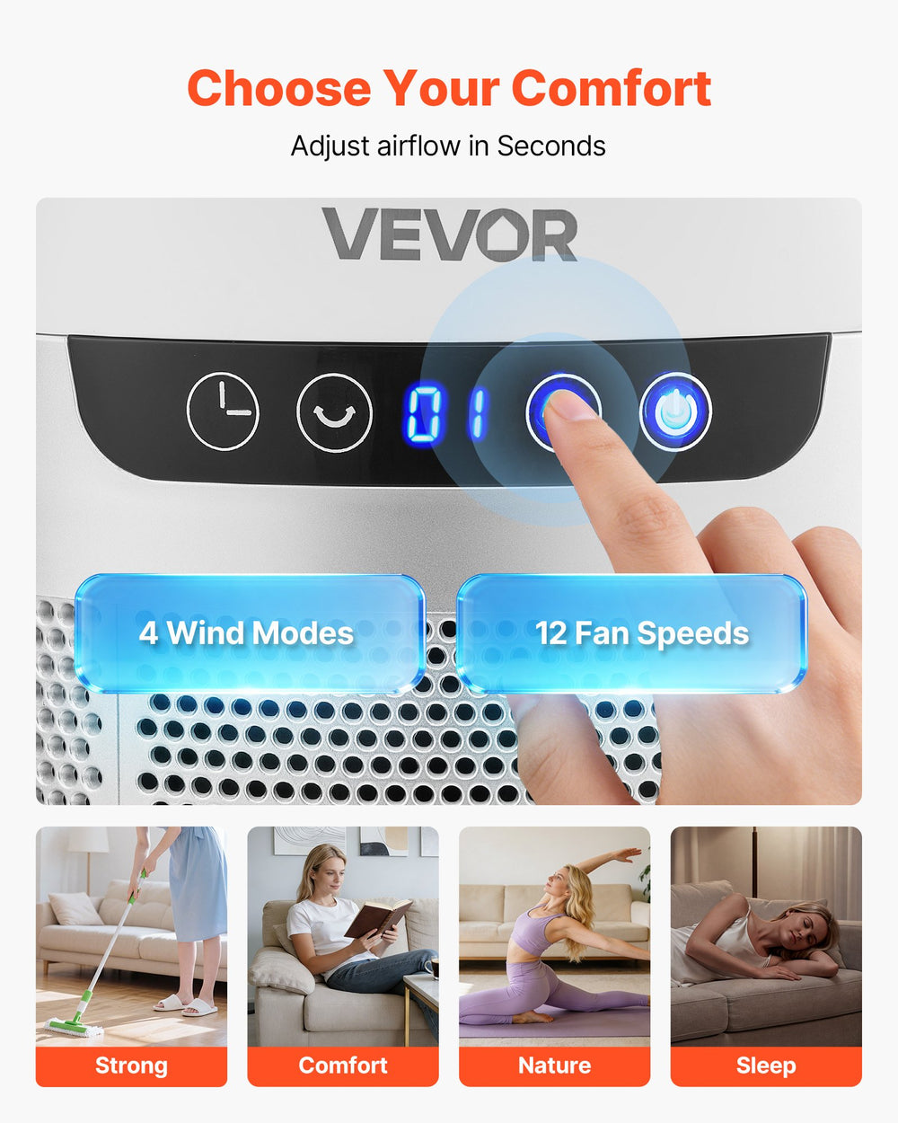 VEVOR Bladeless Tower Fan, 65° Oscillating Standing Fan, 12 Speeds & 4 Modes & 8-Hour Timer, 4.5 m/s High Velocity Floor Air Circulator, Powerful Airflow for Bedroom, Living Room, Home, Office, White