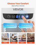 VEVOR Bladeless Tower Fan, 65° Oscillating Standing Fan, 12 Speeds & 4 Modes & 8-Hour Timer, 4.5 m/s High Velocity Floor Air Circulator, Powerful Airflow for Bedroom, Living Room, Home, Office, White