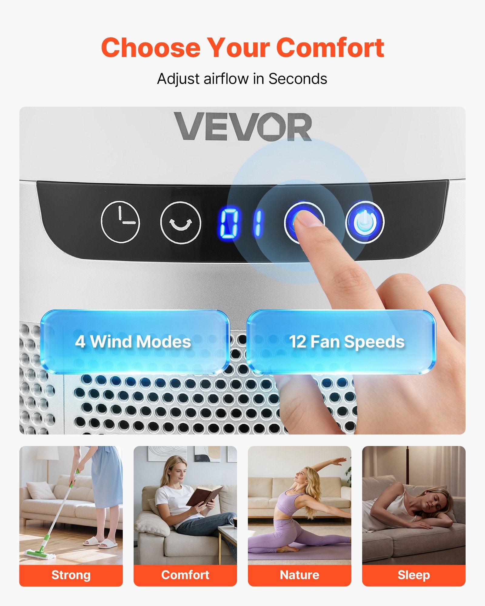 VEVOR Bladeless Tower Fan, 65° Oscillating Standing Fan, 12 Speeds & 4 Modes & 8-Hour Timer, 4.5 m/s High Velocity Floor Air Circulator, Powerful Airflow for Bedroom, Living Room, Home, Office, White