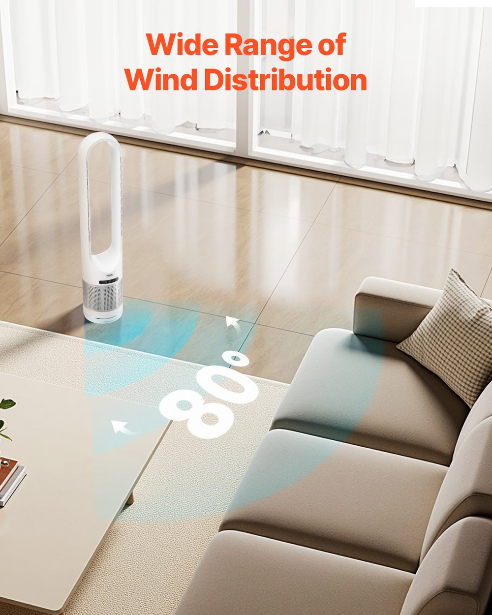 VEVOR Tower Fan Bladeless, 15.4ft/s Velocity Floor Fan that Blows Cold Air, 80° Oscillating 8-Speed Fans, 8H Timer, Standing Fans with H13 HEPA Filtration, Remote Control & Air Purification Mode