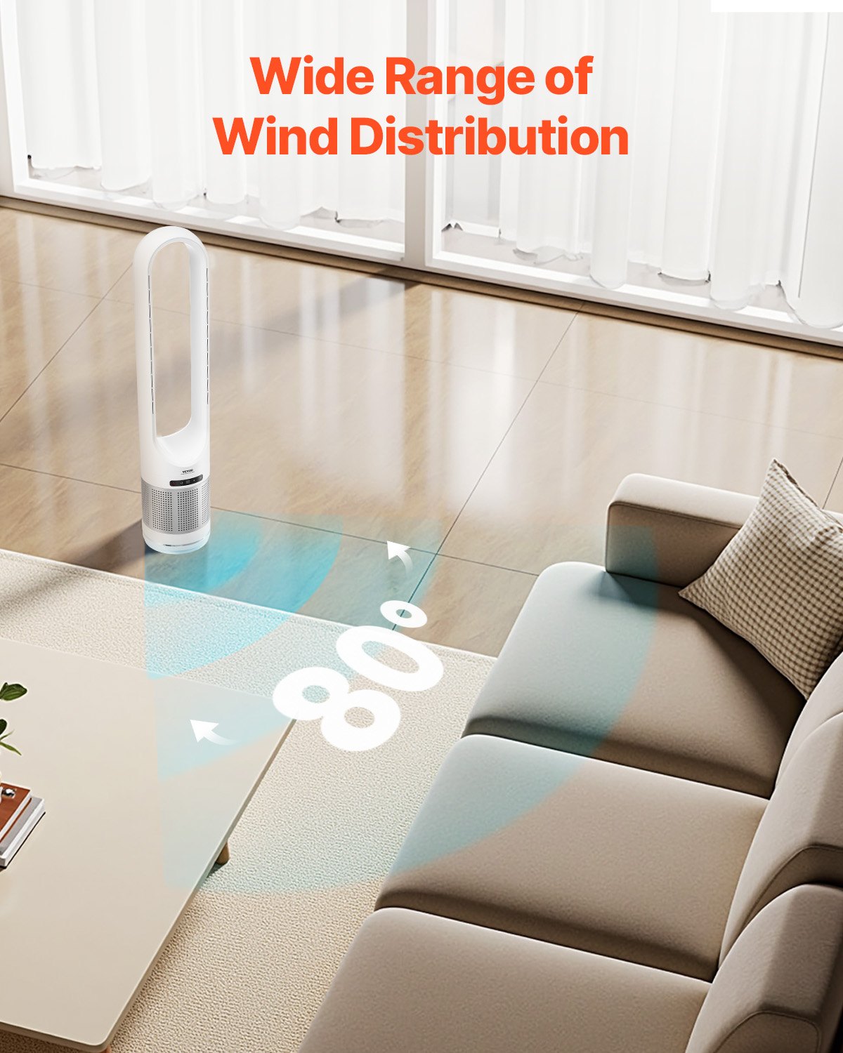 VEVOR Tower Fan Bladeless, 15.4ft/s Velocity Floor Fan that Blows Cold Air, 80° Oscillating 8-Speed Fans, 8H Timer, Standing Fans with H13 HEPA Filtration, Remote Control & Air Purification Mode