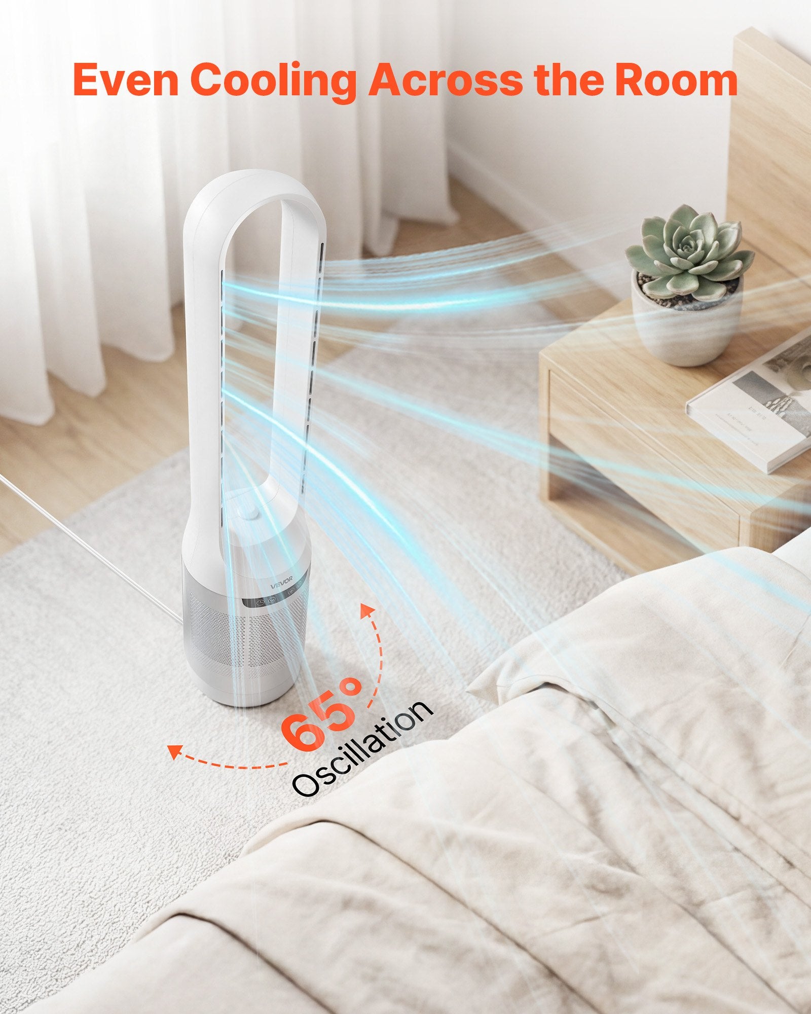 VEVOR Bladeless Tower Fan, 65° Oscillating Standing Fan, 12 Speeds & 4 Modes & 8-Hour Timer, 4.5 m/s High Velocity Floor Air Circulator, Powerful Airflow for Bedroom, Living Room, Home, Office, White