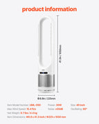 VEVOR Tower Fan Bladeless, 15.4ft/s Velocity Floor Fan that Blows Cold Air, 80° Oscillating 8-Speed Fans, 8H Timer, Standing Fans with H13 HEPA Filtration, Remote Control & Air Purification Mode