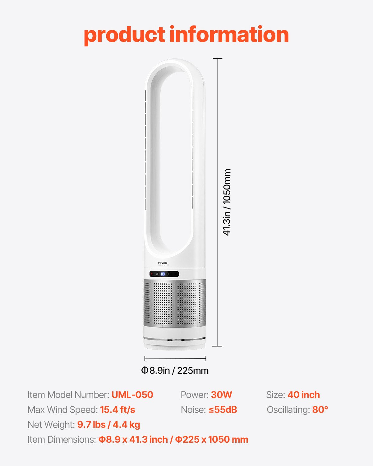 VEVOR Tower Fan Bladeless, 15.4ft/s Velocity Floor Fan that Blows Cold Air, 80° Oscillating 8-Speed Fans, 8H Timer, Standing Fans with H13 HEPA Filtration, Remote Control & Air Purification Mode