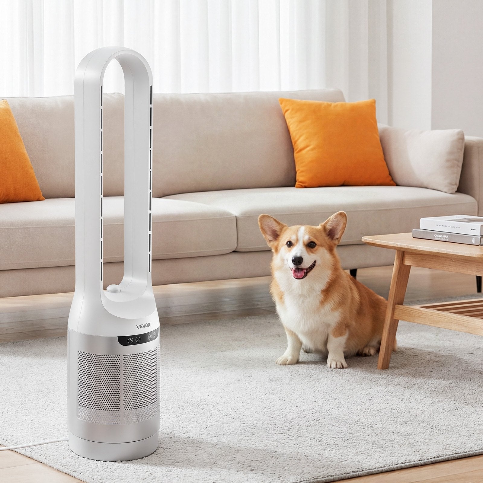 VEVOR Bladeless Tower Fan, 65° Oscillating Standing Fan, 12 Speeds & 4 Modes & 8-Hour Timer, 4.5 m/s High Velocity Floor Air Circulator, Powerful Airflow for Bedroom, Living Room, Home, Office, White