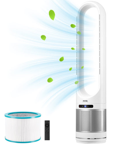 VEVOR Tower Fan Bladeless, 15.4ft/s Velocity Floor Fan that Blows Cold Air, 80° Oscillating 8-Speed Fans, 8H Timer, Standing Fans with H13 HEPA Filtration, Remote Control & Air Purification Mode