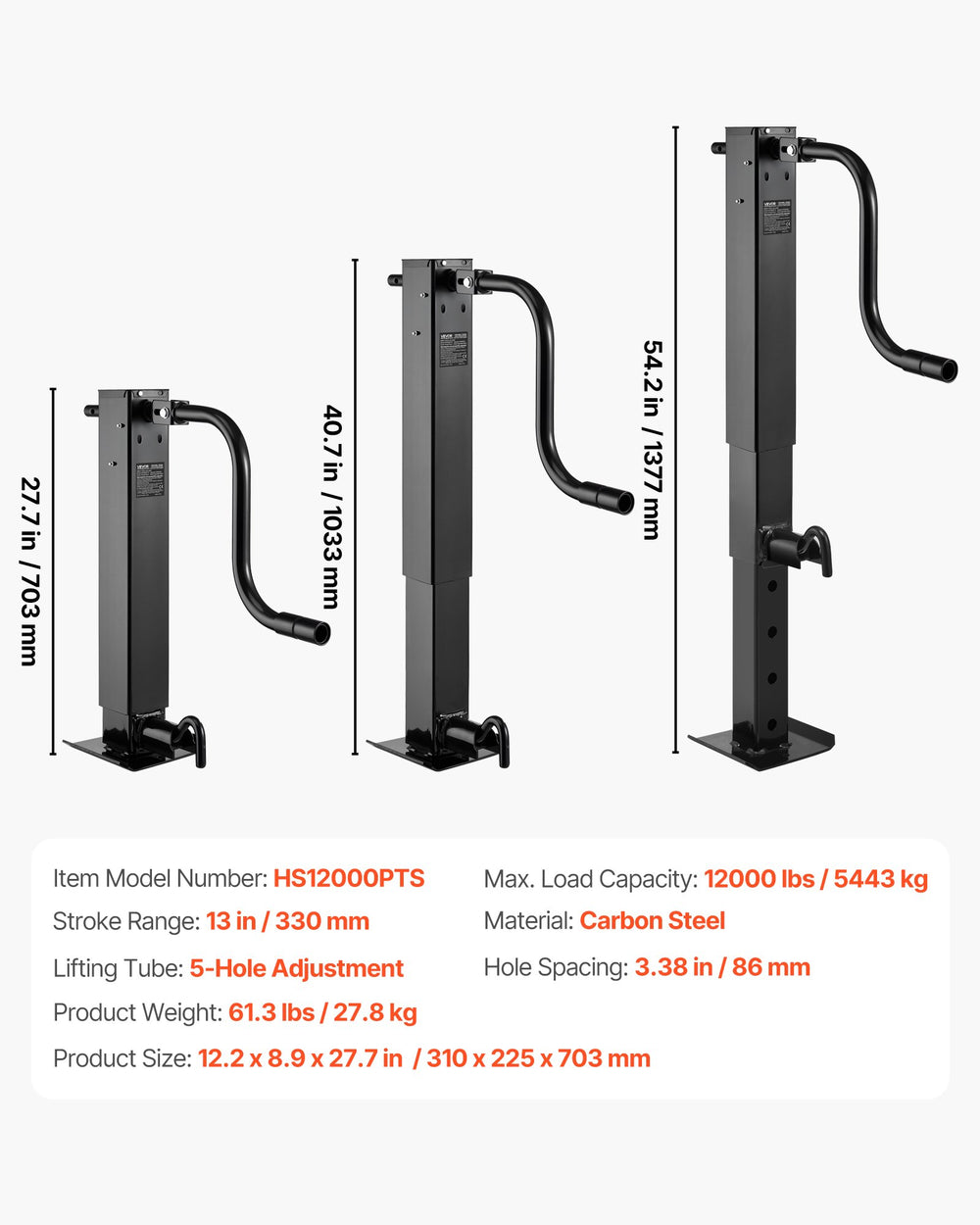 VEVOR Heavy-Duty Trailer Jack, 5443 kg Load Capacity, Sidewind Square Direct Weld-on Trailer Jack with Handle Crank, Adjustable Drop Leg, 674 mm Travel for Lifting RV, Utility, Yacht Trailers