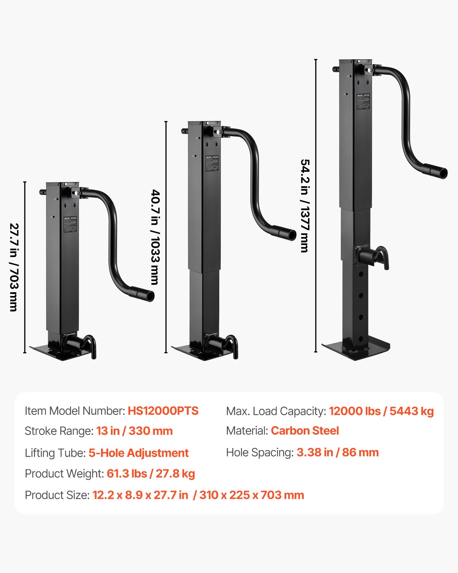 VEVOR Heavy-Duty Trailer Jack, 5443 kg Load Capacity, Sidewind Square Direct Weld-on Trailer Jack with Handle Crank, Adjustable Drop Leg, 674 mm Travel for Lifting RV, Utility, Yacht Trailers