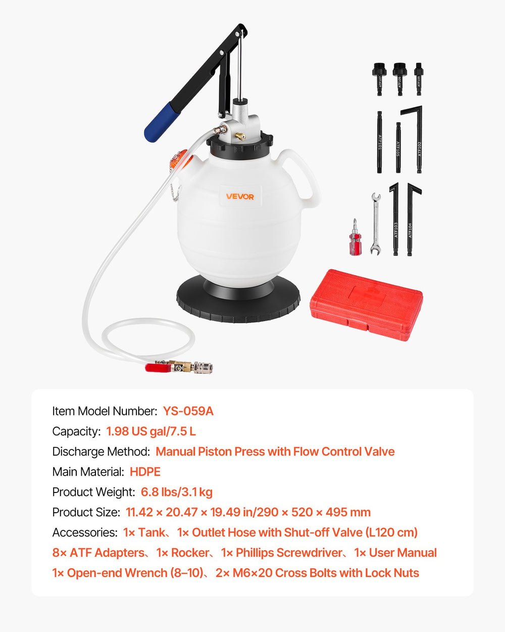 VEVOR Transmission Fluid Pump, 7.5 L Capacity, Manual ATF Refill Kit Fluid Transfer Pump with 8 ATF Adapters & 120cm Outlet Horse, Oil Extractor Dispenser with HDPE Tank for Cars, Lawn Mowers