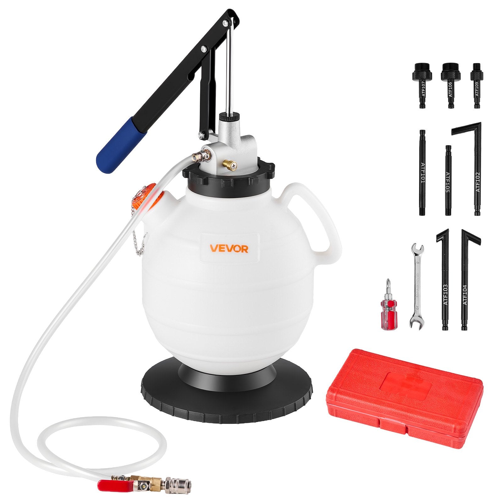 VEVOR Transmission Fluid Pump, 7.5 L Capacity, Manual ATF Refill Kit Fluid Transfer Pump with 8 ATF Adapters & 120cm Outlet Horse, Oil Extractor Dispenser with HDPE Tank for Cars, Lawn Mowers