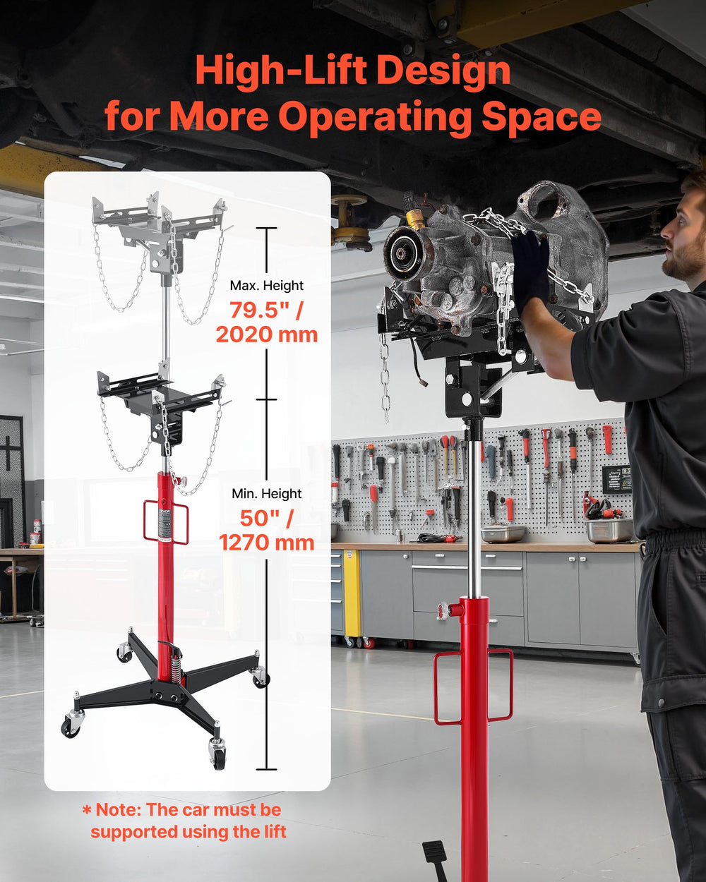 VEVOR Hydraulic Transmission Jack, 1100 lbs / 0.5 Ton Lifting Capacity Telescoping Transmission Jack with Foot Pedal, 360° Swivel Wheel, 127-202 cm High Lifting Height, Lift Hoist for Garage/Shop
