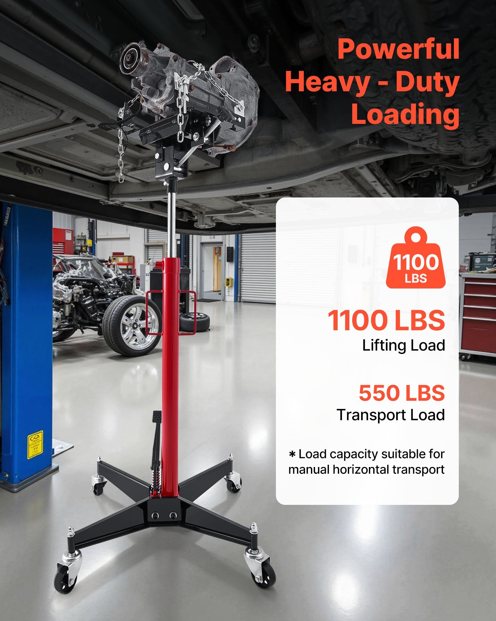 VEVOR Hydraulic Transmission Jack, 1100 lbs / 0.5 Ton Lifting Capacity Telescoping Transmission Jack with Foot Pedal, 360° Swivel Wheel, 127-202 cm High Lifting Height, Lift Hoist for Garage/Shop