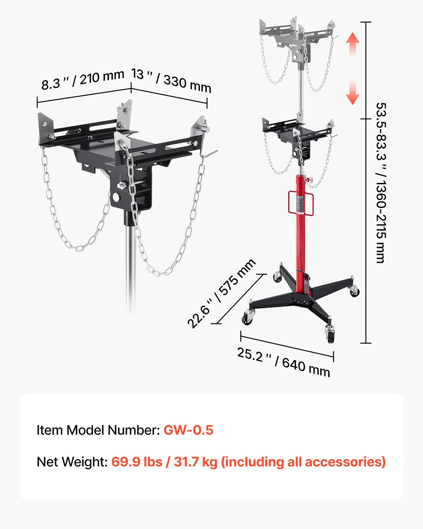 VEVOR Hydraulic Transmission Jack, 1100 lbs / 0.5 Ton Lifting Capacity Telescoping Transmission Jack with Foot Pedal, 360° Swivel Wheel, 127-202 cm High Lifting Height, Lift Hoist for Garage/Shop