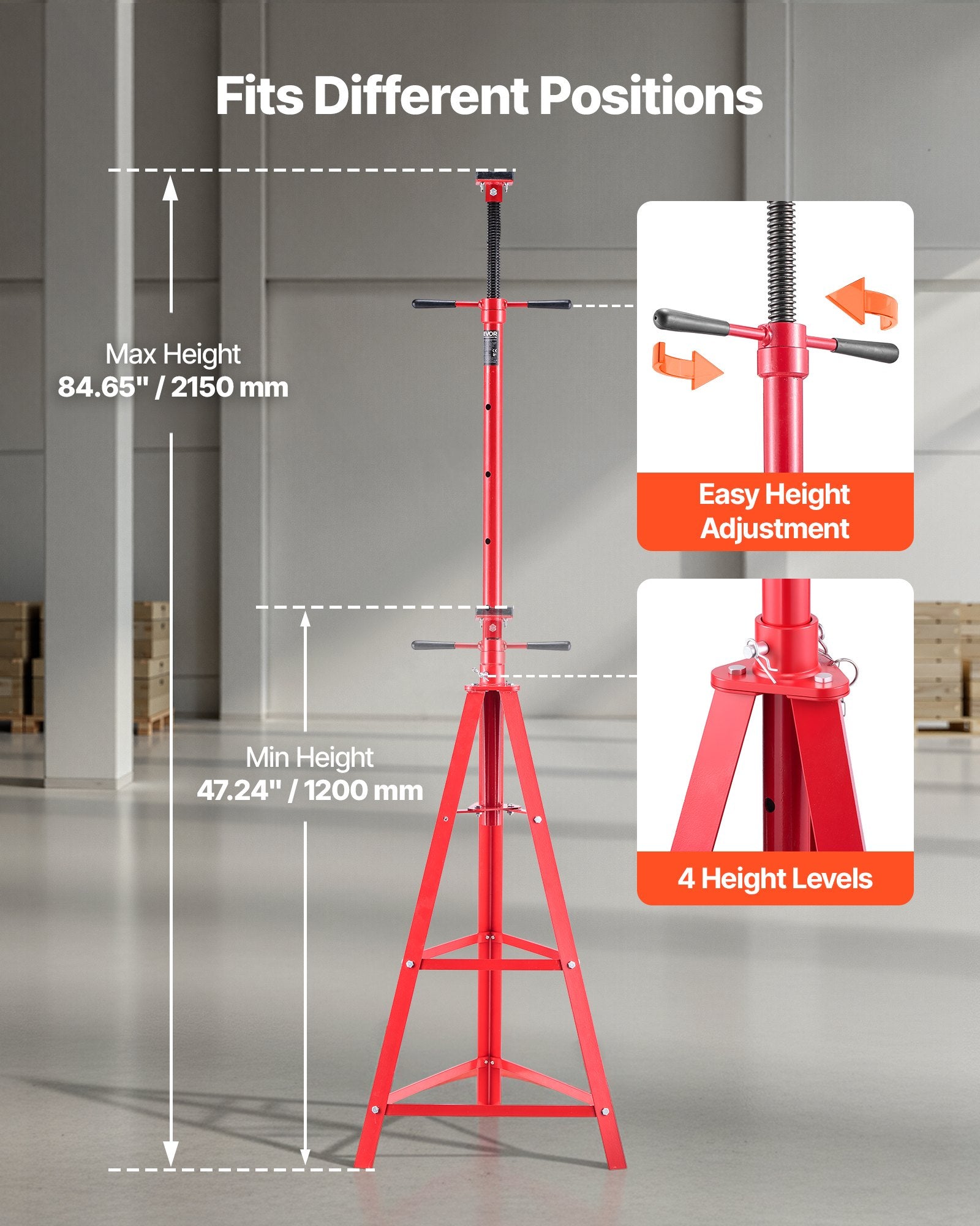 VEVOR Under Hoist Tripod Stand, 2 Ton Capacity High Lift Jack Stand Reach Underhoist Support, Lifting from 1200 mm to 2150 mm, 4-Level Adjustable Height, Heavy Duty Carbon Steel for Car Lift & Support