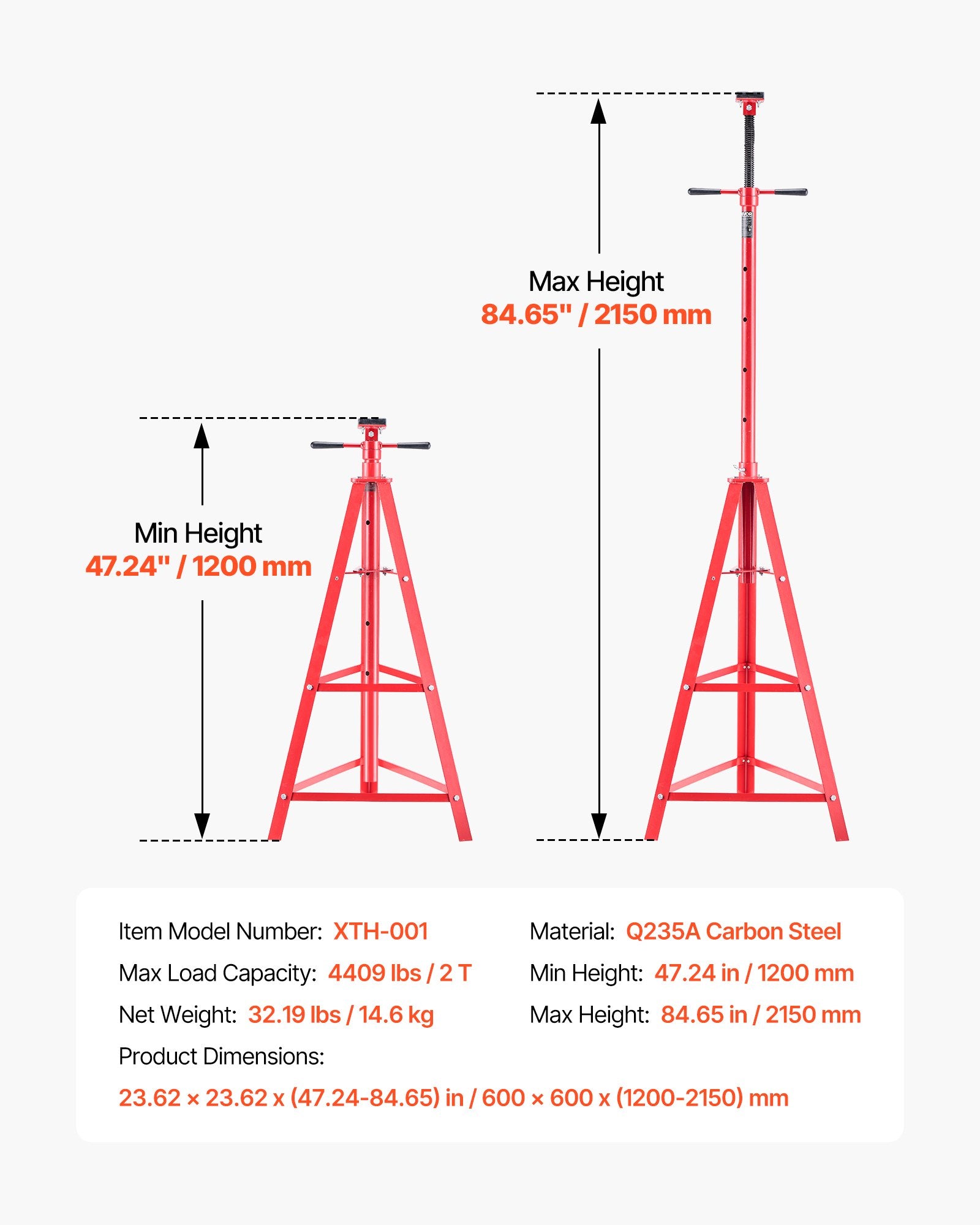 VEVOR Under Hoist Tripod Stand, 2 Ton Capacity High Lift Jack Stand Reach Underhoist Support, Lifting from 1200 mm to 2150 mm, 4-Level Adjustable Height, Heavy Duty Carbon Steel for Car Lift & Support