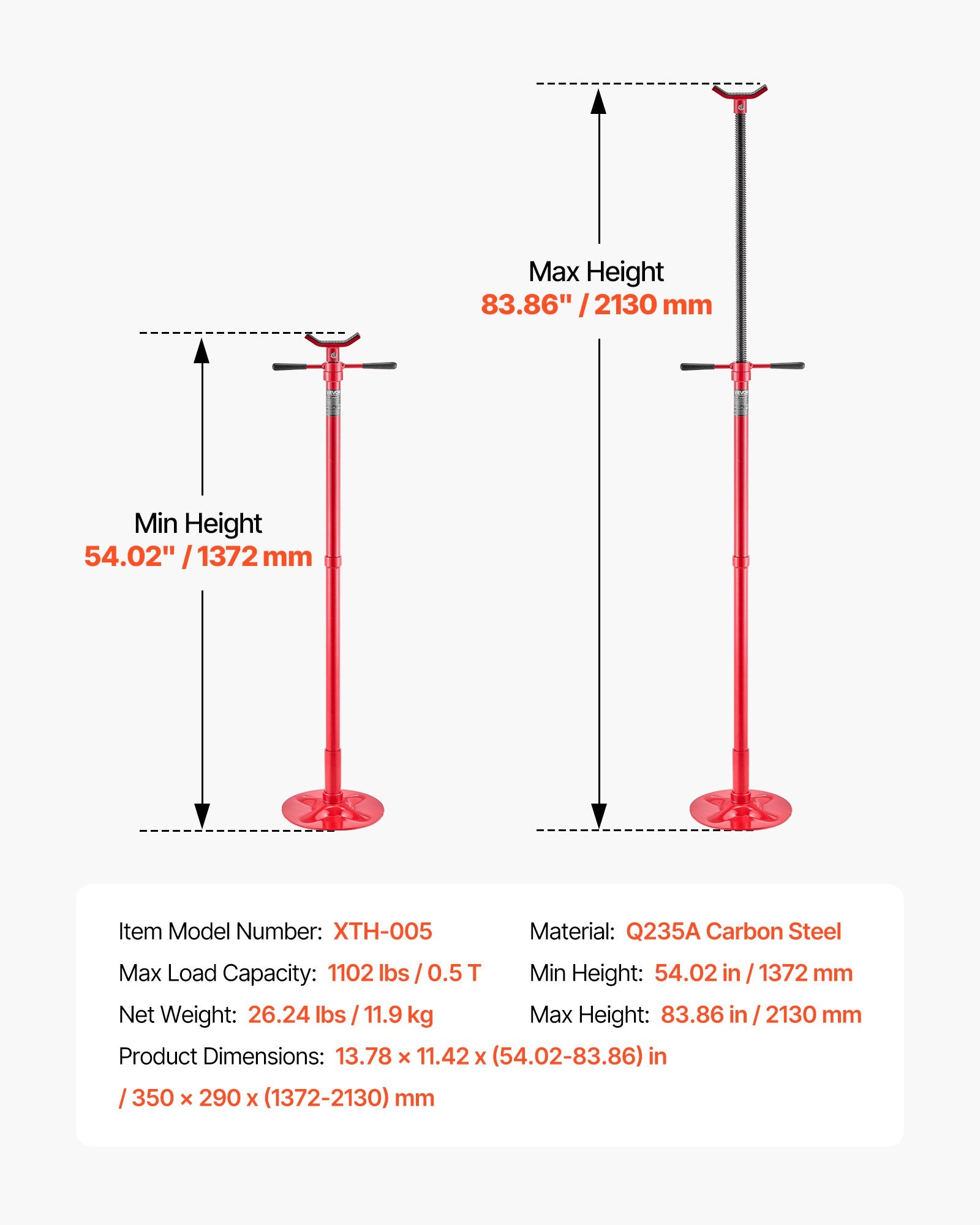 VEVOR Underhoist Support Stand, 1/2 Ton Capacity Under Hoist Jack Stand, Lifting from 1372 to 2130 mm, Bearing Mounted Spin Handle, Self-Locking Threaded Screw, Stable Base, Support Vehicle Components