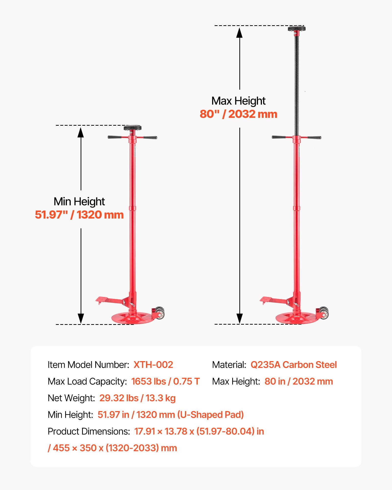VEVOR Underhoist Support Stand, 3/4 Ton Capacity Under Hoist Jack Stand with Two Wheels, Lifting from 1320 to 2032 mm, Bearing Mounted Spin Handle, Foot Pedal, Stable Base, Support Vehicle Components