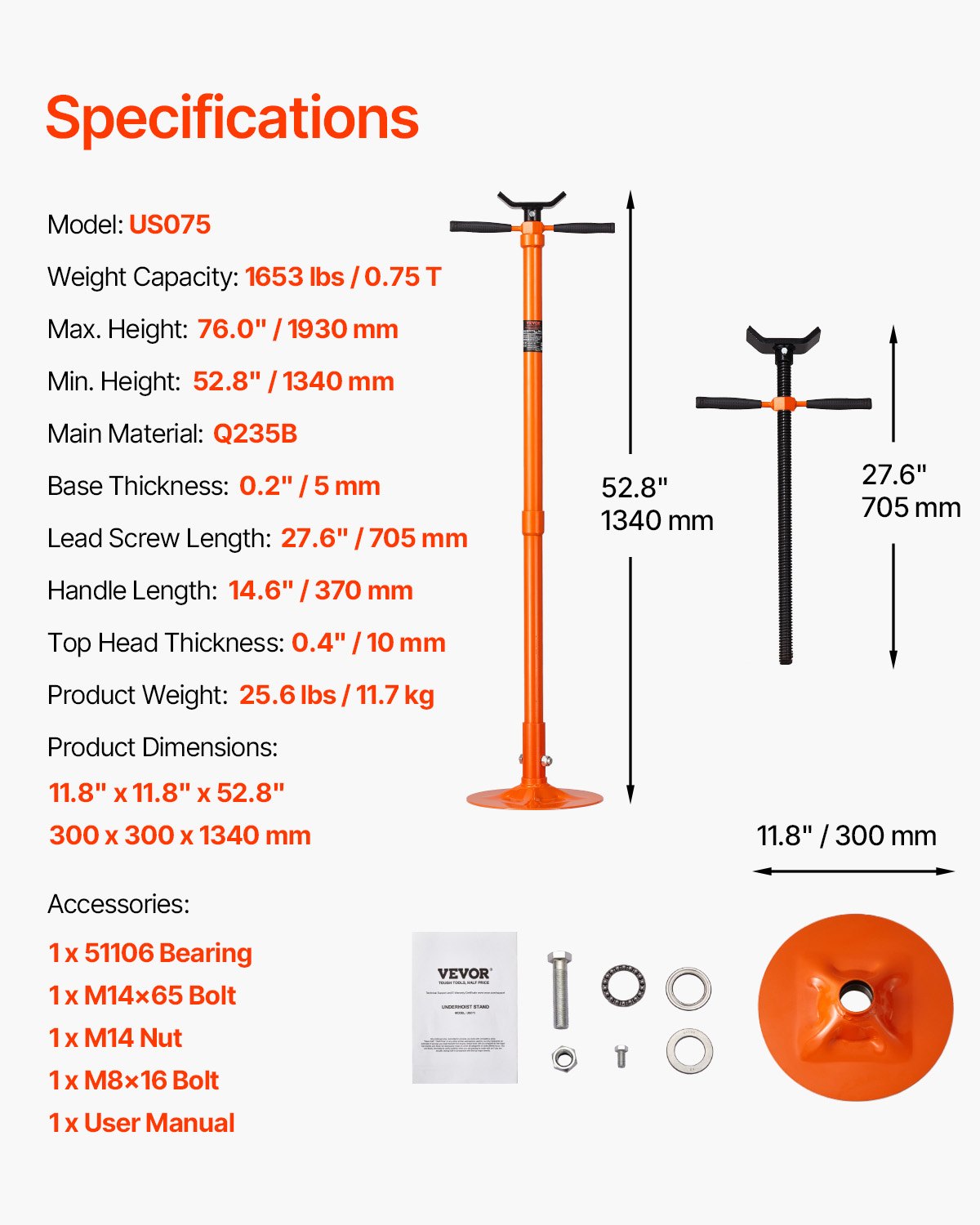 VEVOR Underhoist Support Stand, 3/4 Ton Capacity Under Hoist Jack Stand, Lifting from 52.8 to 76 in, Self-Locking Threaded Screw, Bearing Mounted Spin Handle Pole Jack, Support Vehicle Components