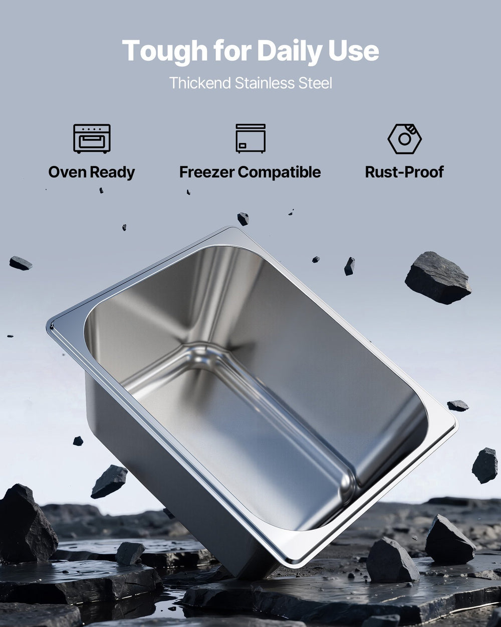 VEVOR Stainless Steam Hotel Pans with Lids, 1/2 Size x 148mm Deep, 9 L Table Steam Pans, Anti Jam Restaurant Supplies Reusable Catering Storage for Home, Party, Restaurant, Hotel, Buffet, 2 Pack